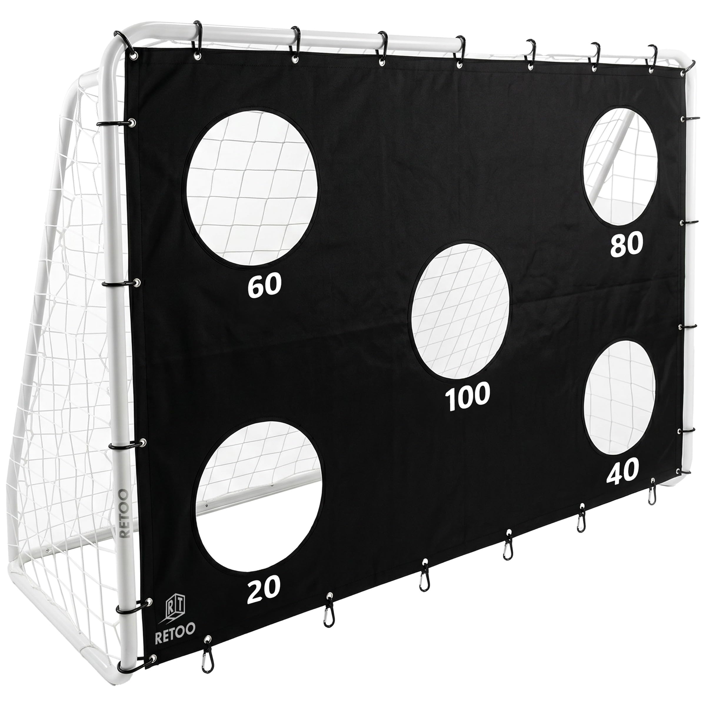 Retoo Fußballtor mit Zielwand, 240x170x85 cm Stahlrahmen, klappbar, PE-Netz | 20/60/80/100 Punkte, Metallheringe, nummerierte Rohre, Spannseile, Kunststoffclips