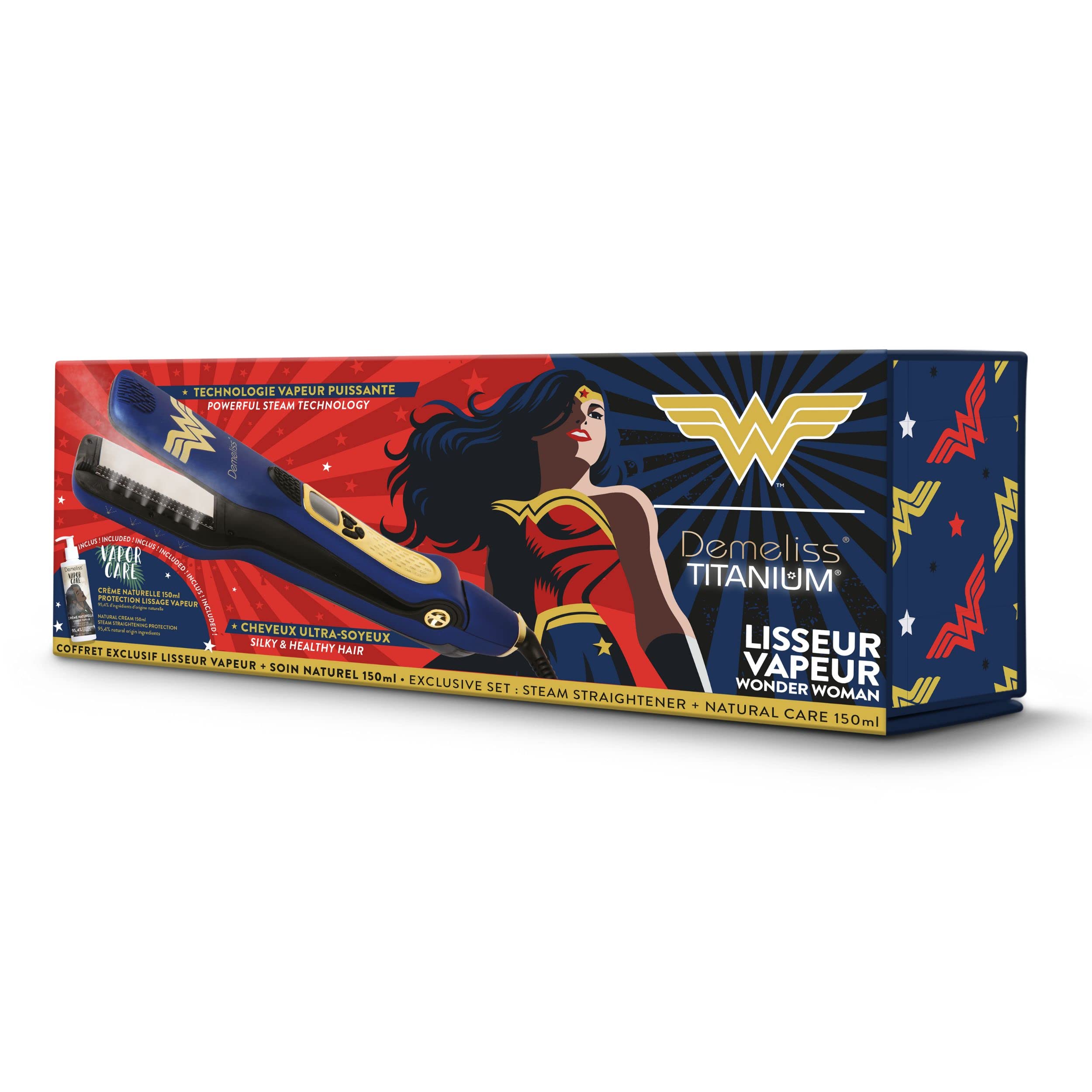 Demeliss SAINT ALGUE - WONDER WOMAN SET - Plancha de Pelo Vapor TITANIUM - Placas Flotantes, Revestimiento de Titanio - Vapor Ultrapotente - Depósito Integrado XL 40ml - Peine Extraíble