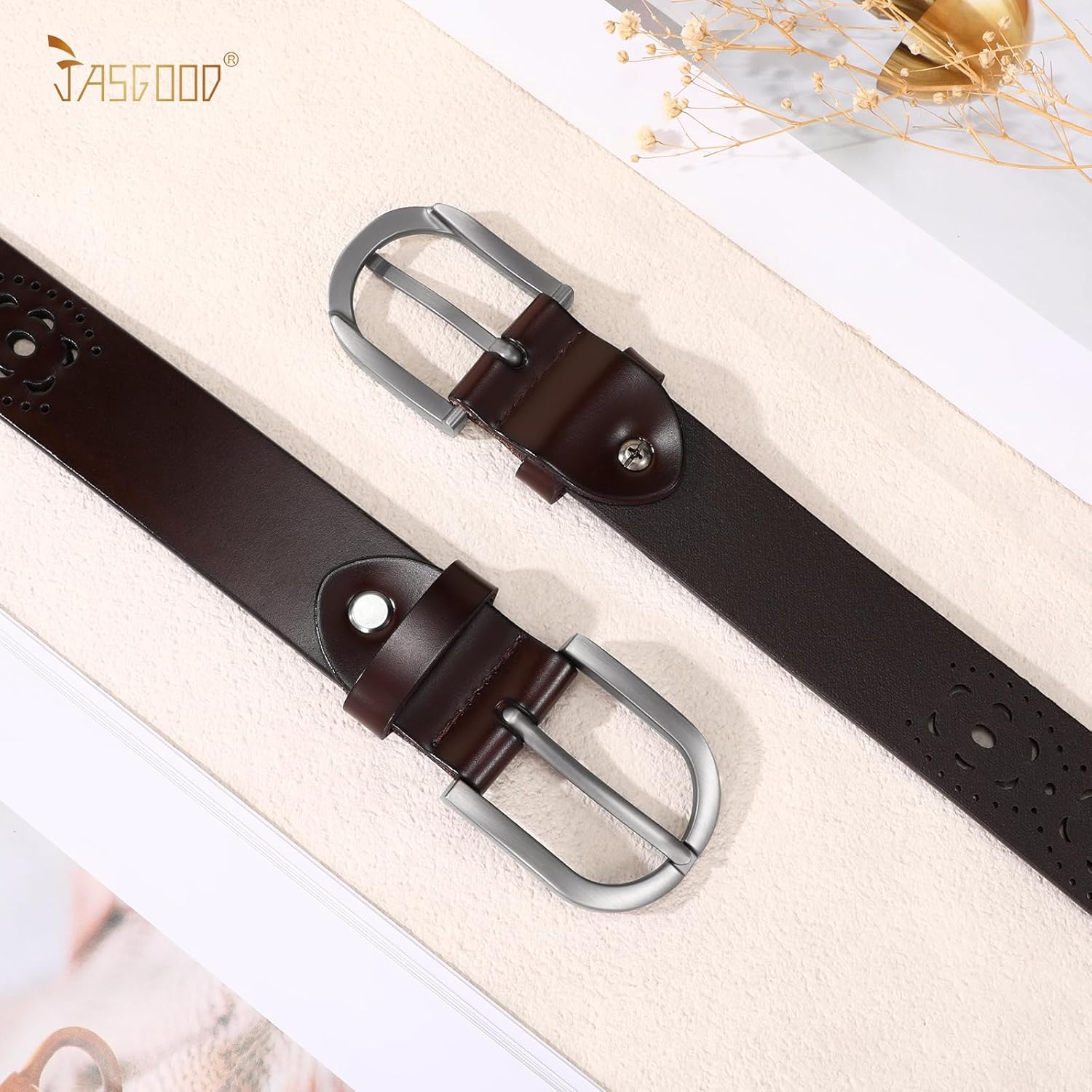 JASGOOD Hollow Genuine Leather Belt for Women Ladies Belt for Jeans Pants Casual Waist Belt - Image 6