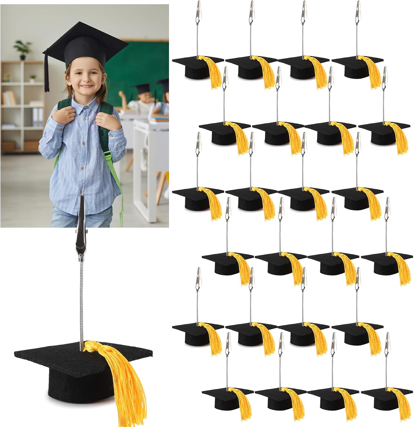 36 Pcs Graduation Cap Photo Holders with Yellow Tassel Grad Cap Picture Place Card Holders Bulk Display for Tables Centerpieces 2026 Graduation Party