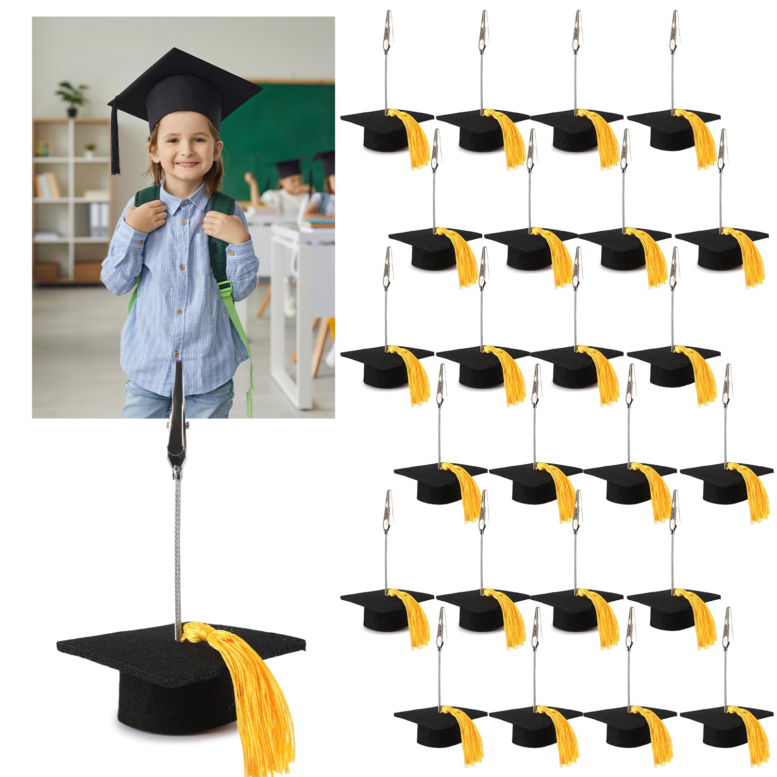 EYNDYN 24 Pcs Graduation Cap Photo Holders with Yellow Tassel Grad Cap Picture Place Card Holders Bulk Display for Tables Centerpieces 2026 Graduation