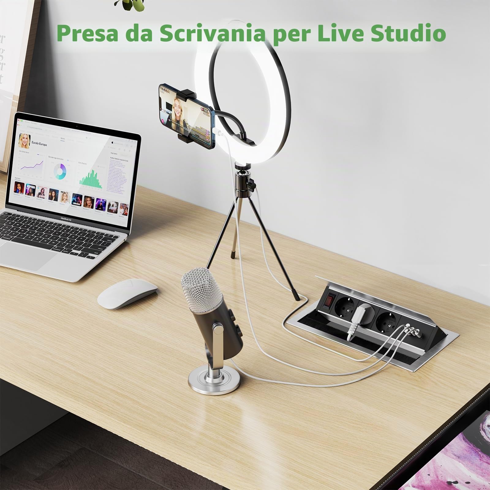 Presa a scomparsa in alluminio con 2 USB-C PD 30 W e 2 USB-A, presa da incasso a 3 prese con USB e interruttore, presa da tavolo a scomparsa con USB per sala conferenze, casa, ufficio, cavo da 1,8 m