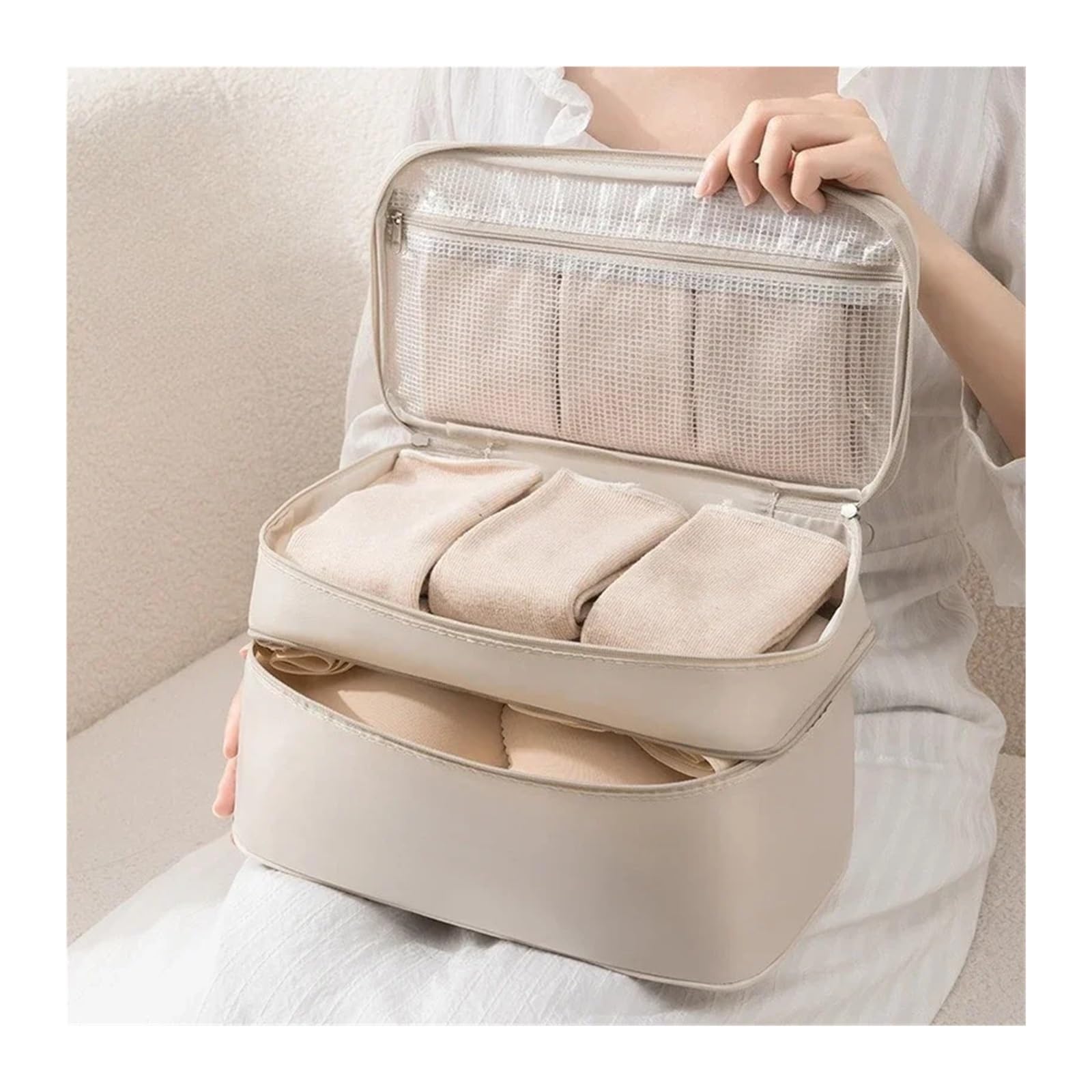 Organizer Per Biancheria Intima Da Viaggio Organizer da viaggio 3 in 1 a doppio strato: borsa for riporre reggiseni/biancheria intima/calzini di grande capacità, portatile e compatta