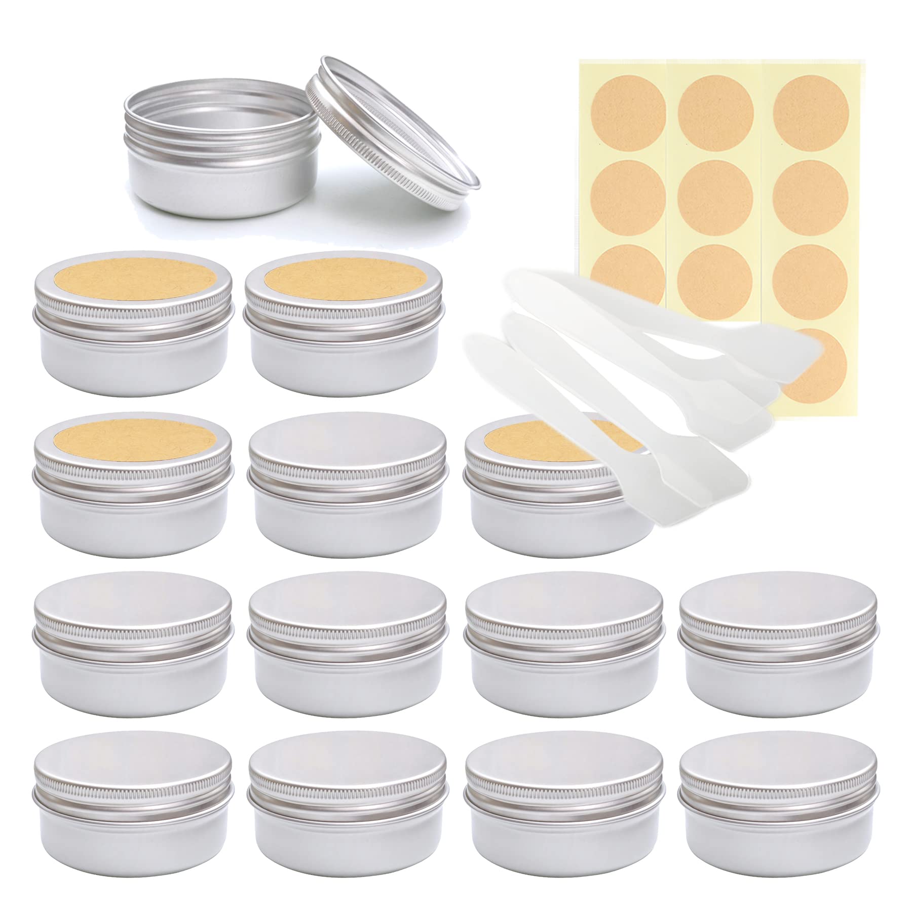 LusDoly Pack of 20 Empty 50ml Silver Aluminium Tins with Lids - Ø57x28mm Aluminum Screw Pots Travel Round Cosmetic Cream Jars Container for Candle Lip Balm, Salve, with Labels & Spatulas