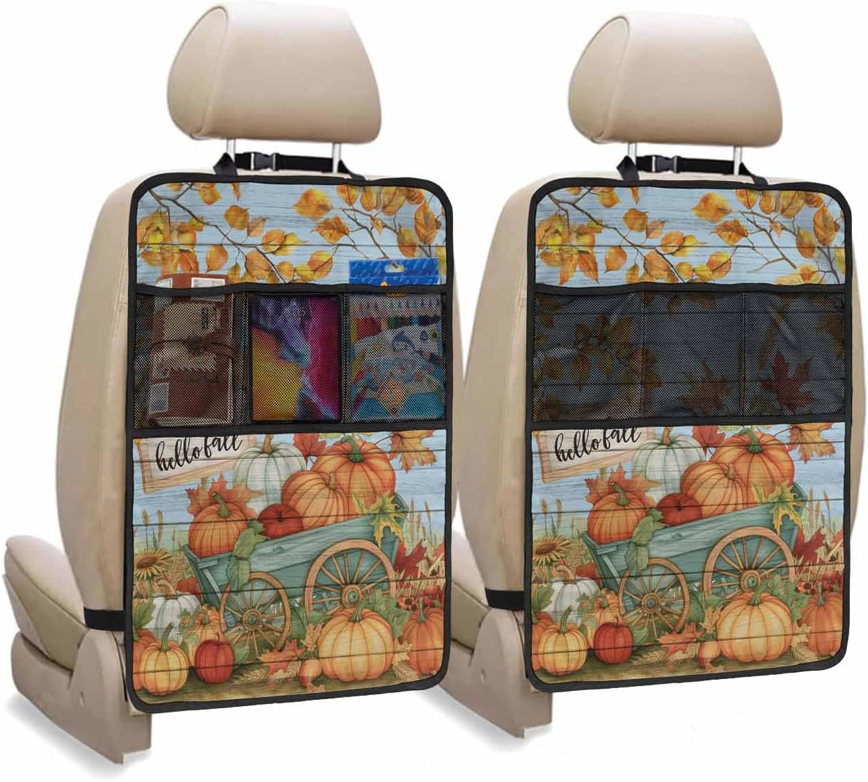 T&H XHome Car Seat Protector, 2 Pack Kick Mats with Organizer - 3 Pocket Storage, Fall Pumpkin Cart Leaves Light Blue Background Back Seat Cover for Kids Universal Fit Automotive Interior Protectors