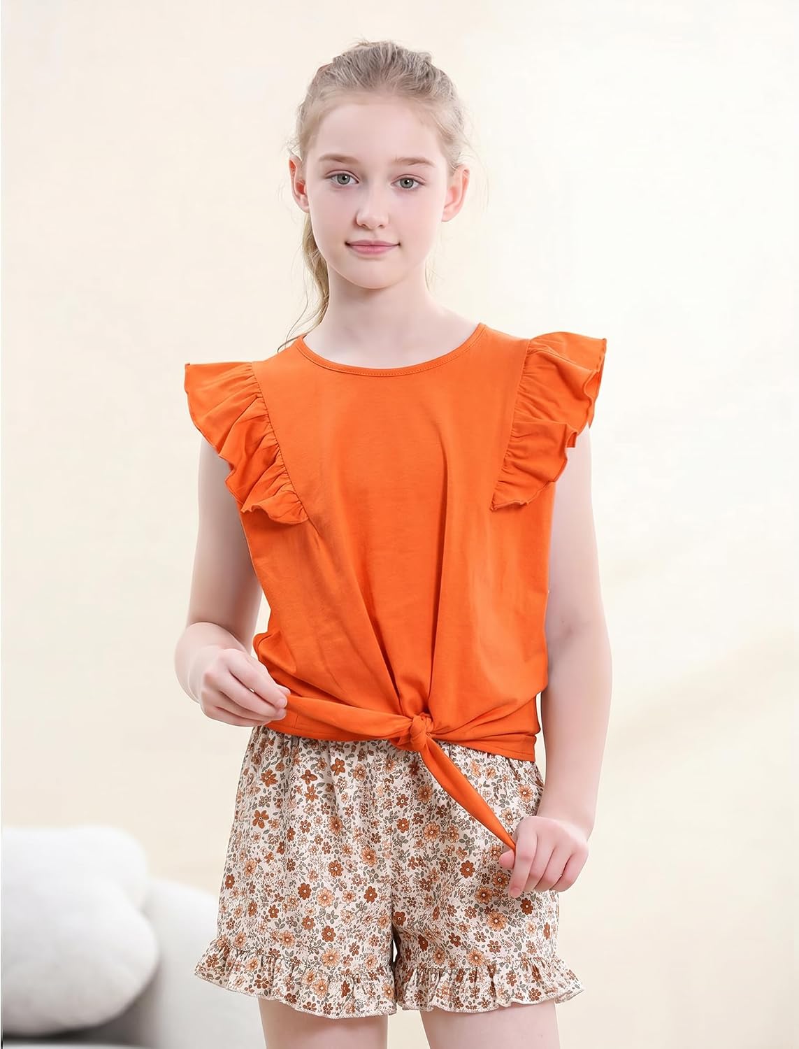 Girls Summer Outfits Flutter Sleeve Twist Front Tops and Cute Shorts 2 Piece Shorts Set