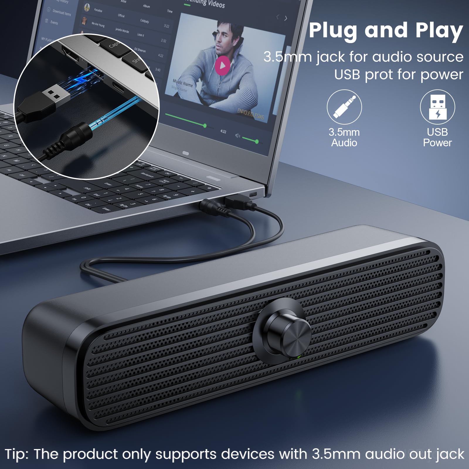 Altavoces de computadora para computadora portátil de escritorio, altavoces de PC alimentados por USB, altavoces pequeños con cable con control de volumen para teléfono celular, MP3, sonido 7