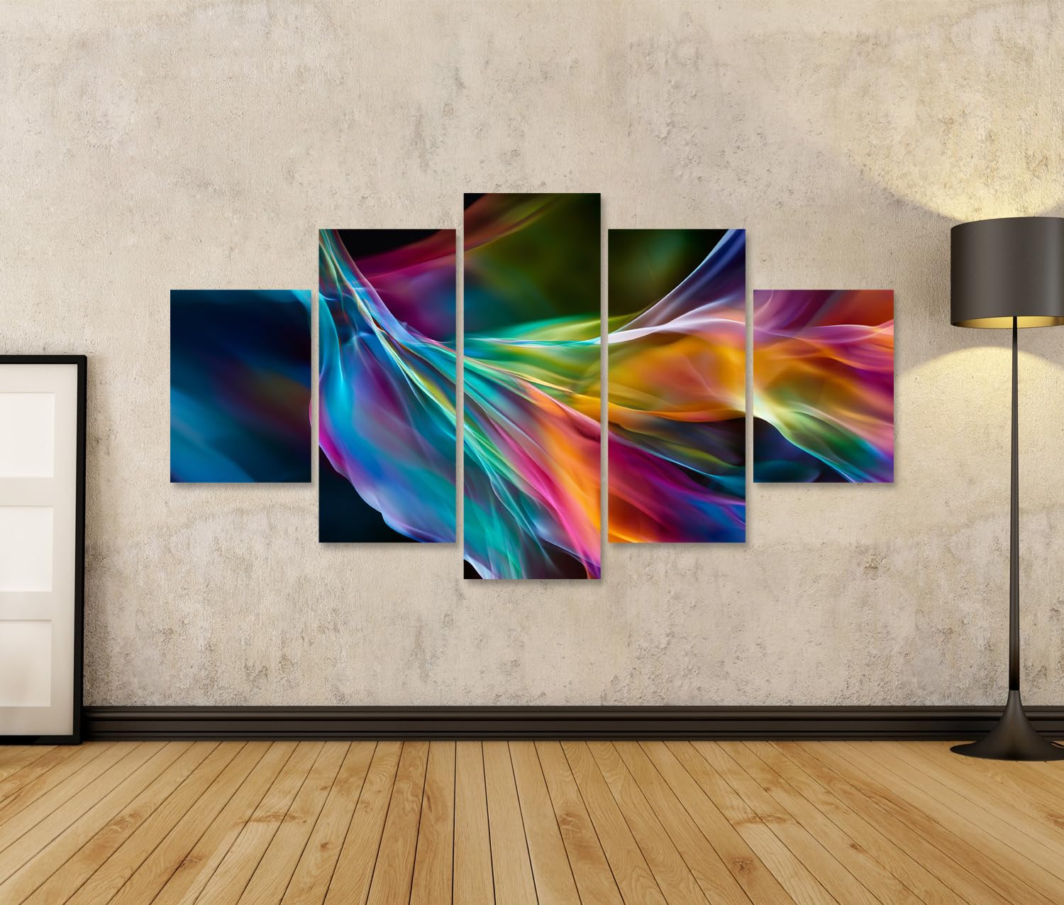 islandburner Bild auf Leinwand Dynamische Aurora-Wellen Kunstdruck Wohnzimmer Für Kunstliebhaber - 5-teilig