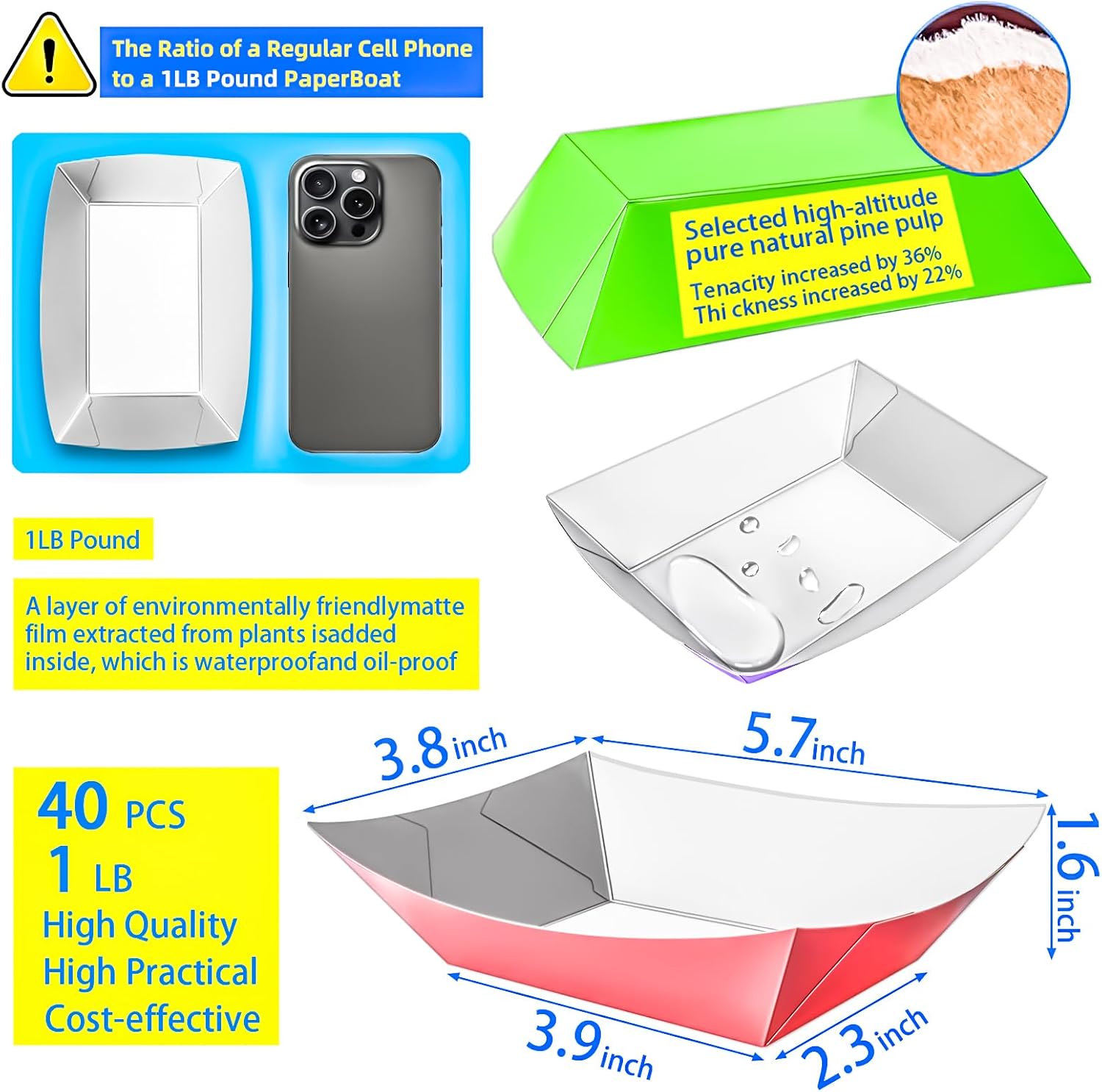 40 Pack Colorful 1Lb Paper Food Boat Trays Disposable Paper Boats Bowls Containers, Colored Kraft Food Serving Tray Boat Plate for Snack Fries Popcorn BBQ Sandwich HotDog Dessert Taco Nacho image 2