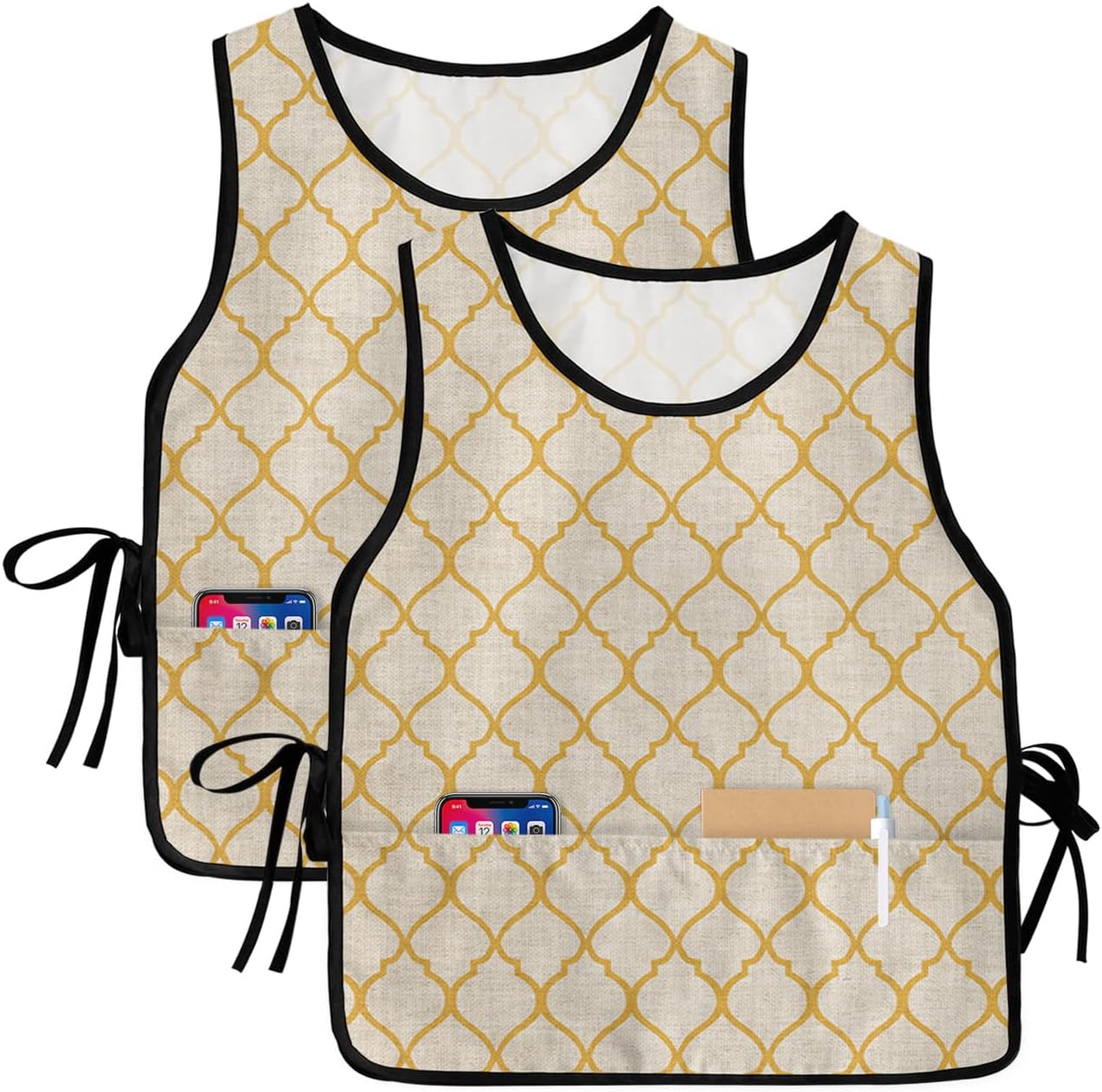 Unisex Cobbler Apron with 2 Pockets, Rustic Moroccan Geometric Quatrefoil Yellow Lattice Waterproof Vest Kitchen Chef Apron, Smock Apron Vest Cobbler Aprons for Women Men, 2 Pack, 20” x 27.5”