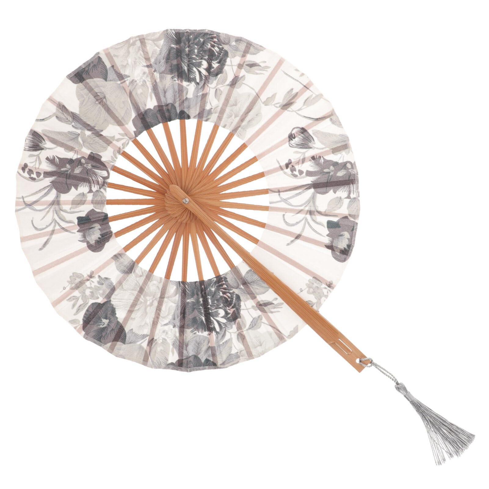 Amosfun Round Folding Fan, Bamboo with Tassel, Japanese Style, Accessory, Hand Fan, Antique, Women's, Dancing, Tools, Photography, Props, Festivals, Cosplay, Fireworks Shows, Yukata, Kimono, Decoratio