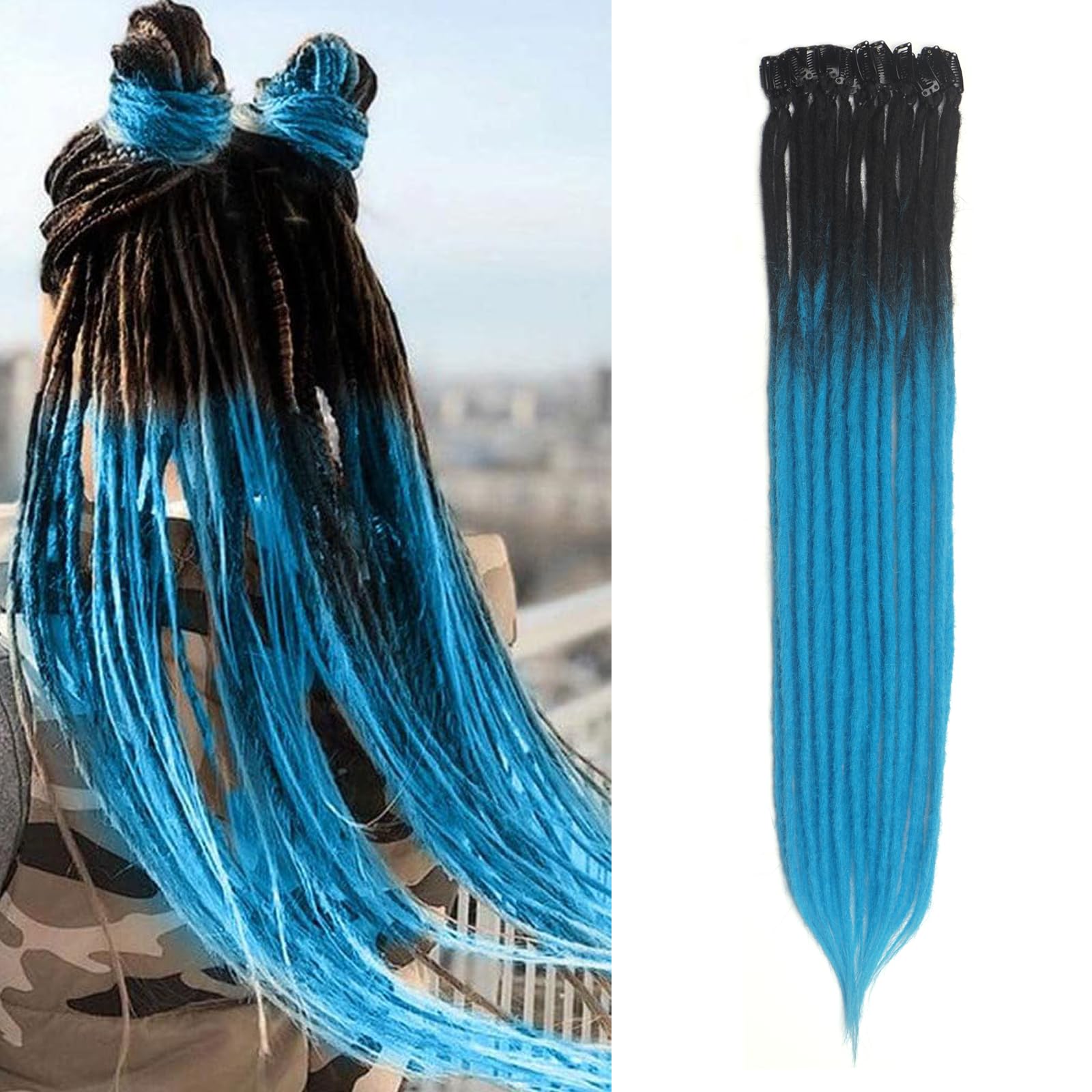 7PCS Single Clip in Dreadlock Extensions, 24 Inch Ombre Blue Clip in Fake  Dreads Thin Width Hair Extensions, Reggae Hippie Synthetic Single End