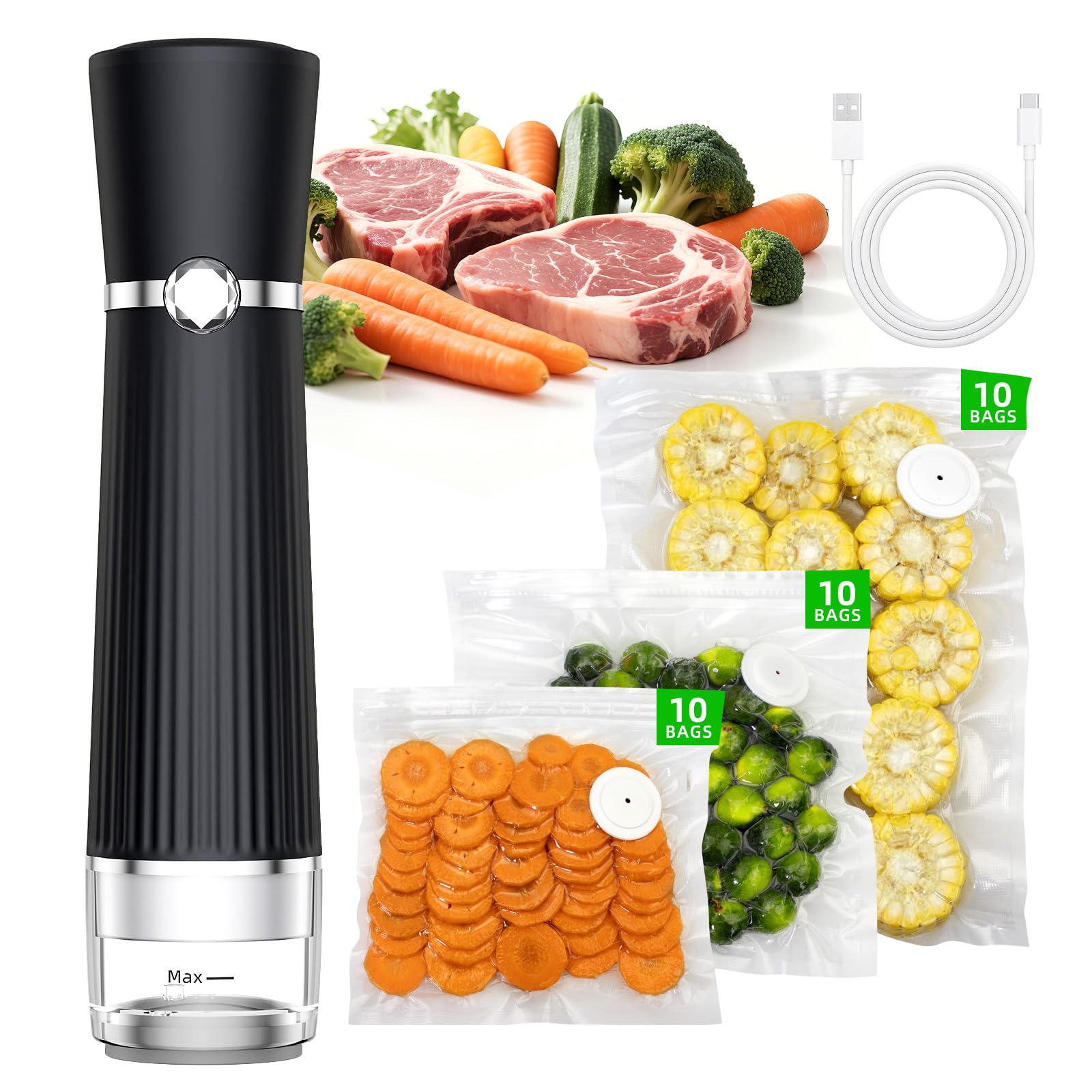 Machine à emballer sous vide compacte pour aliments avec 30 sacs réutilisables pour 10 fois de conservation et de fraîcheur (noir)