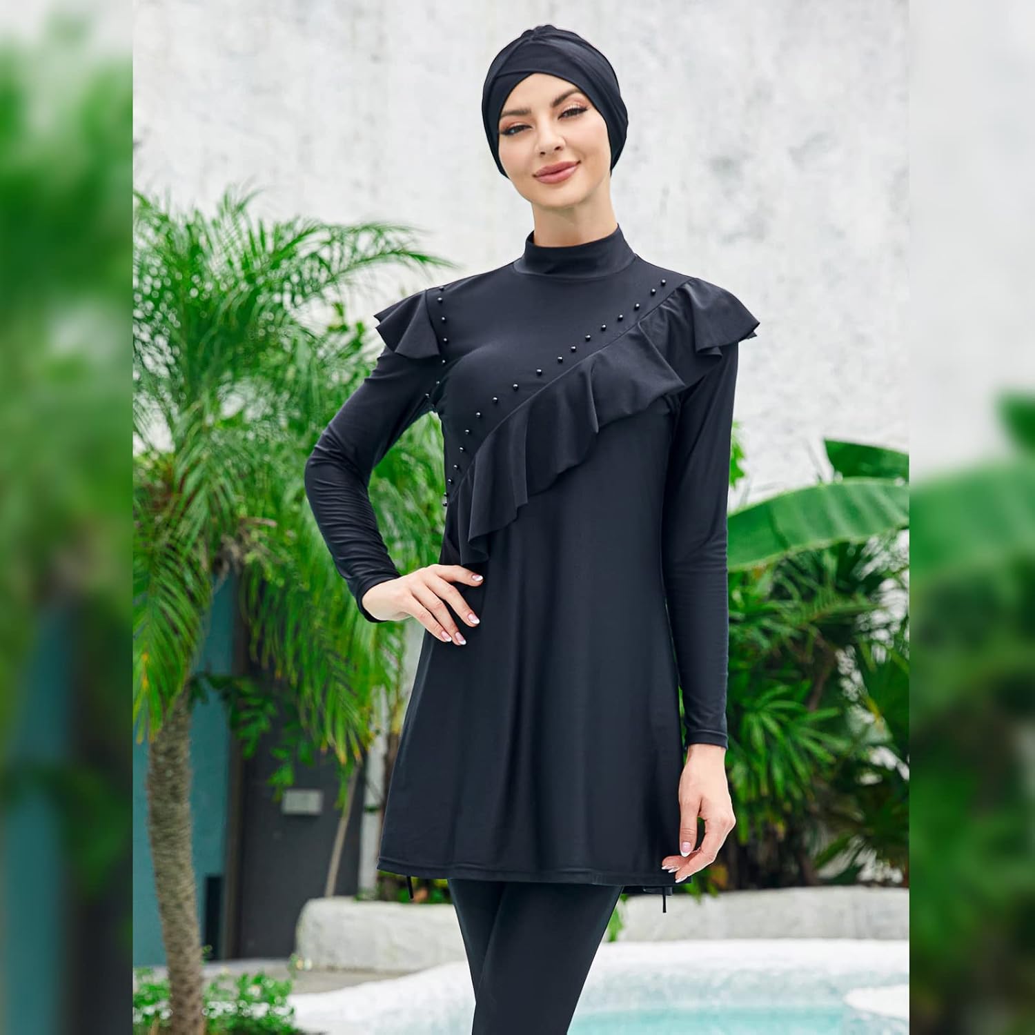Women Muslim Swimwear Islamic Modest Swimsuit 3 Pieces Full Cover Hijab Long Sleeve Burkini Top Dress + Pants