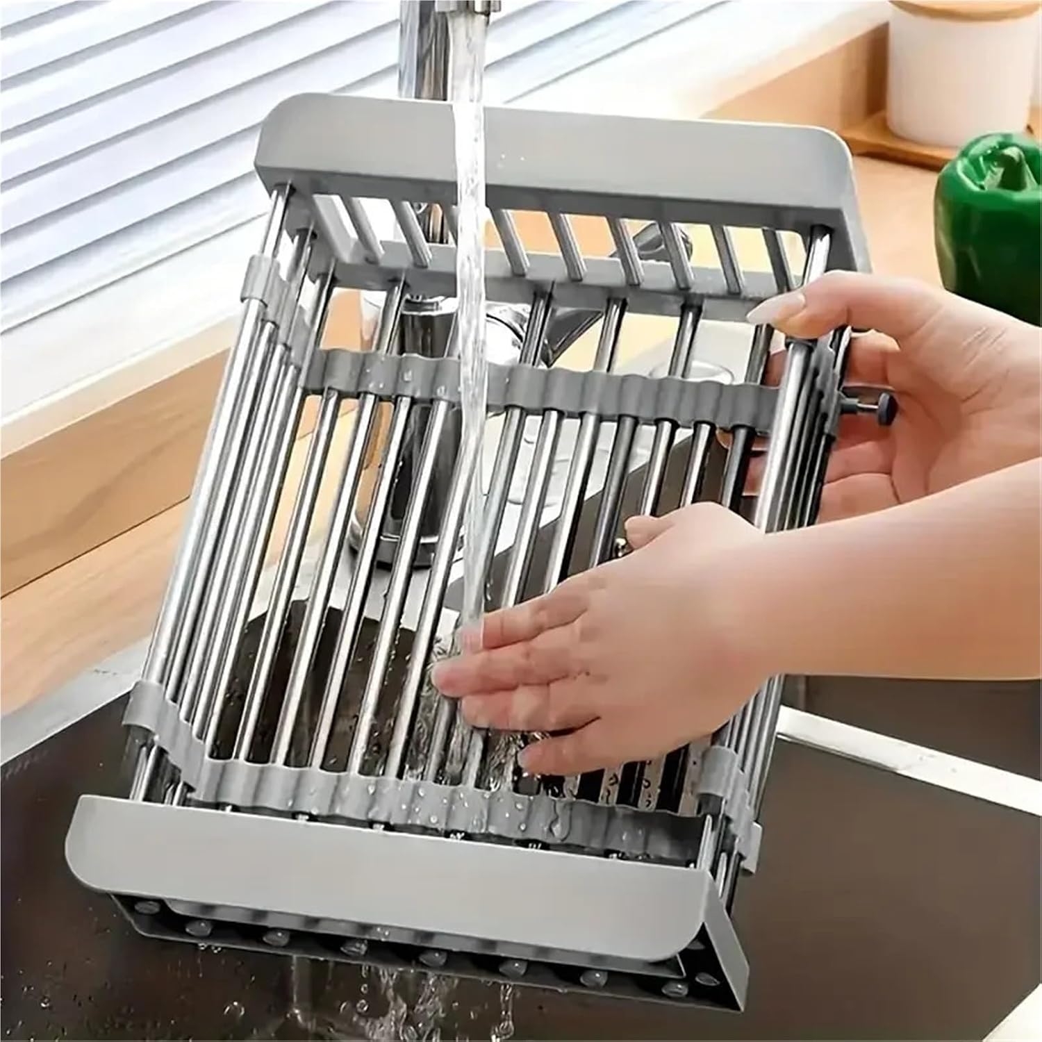 Adjustable 304 Stainless Steel Sink Drain Basket Drain Drying Rack Multifunctional Storage Rack for Kitchen Dish Vegetable Fruit(Black)