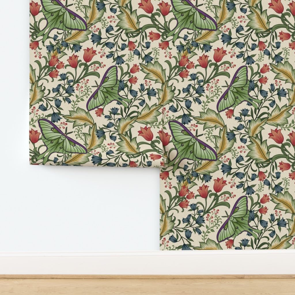 Peel & Stick Wallpaper 12ft x 2ft - Art Nouveau Moth Cream Moths Insects Victorian Arts Entomology Custom Removable Wallpaper by Spoonflower