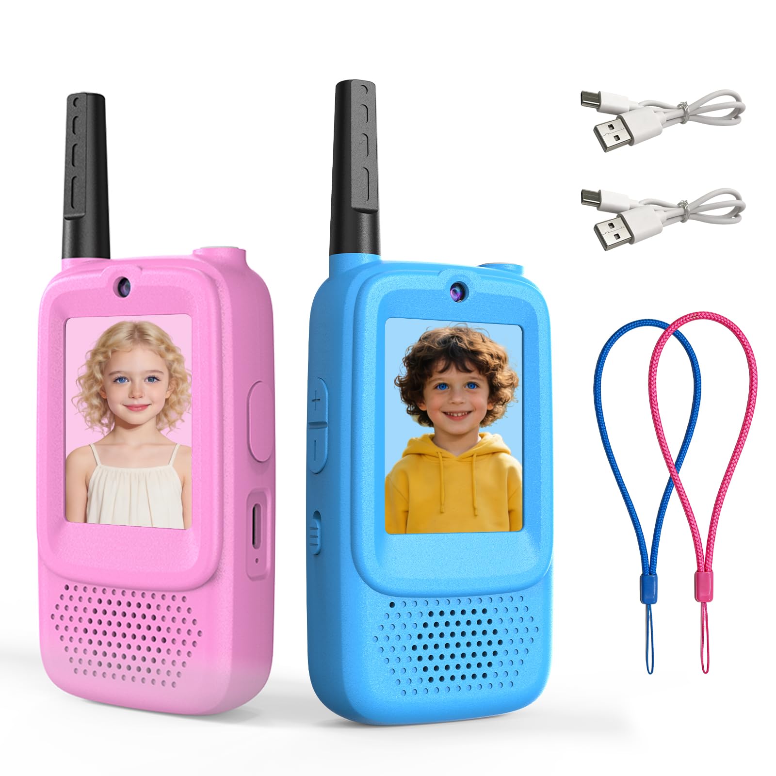 Talkies-Walkies Vidéo pour Enfants, Lot de 2, Rechargeables, à Double Caméra, Appairage Un à Un, Portée de 500m, Cadeaux Parfaits pour garçons et Filles de 3 à 12 Ans (Bleu/Rose)
