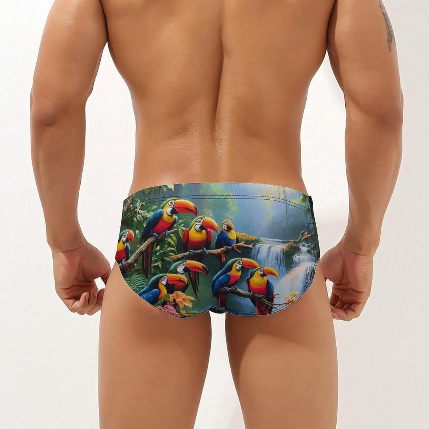 Forest Waterfall Toucans Men's Swimsuit Brief Sexy Bikini Briefs Retro Printed Swimwear Quick Dry Swimming Trunks 3X-Large