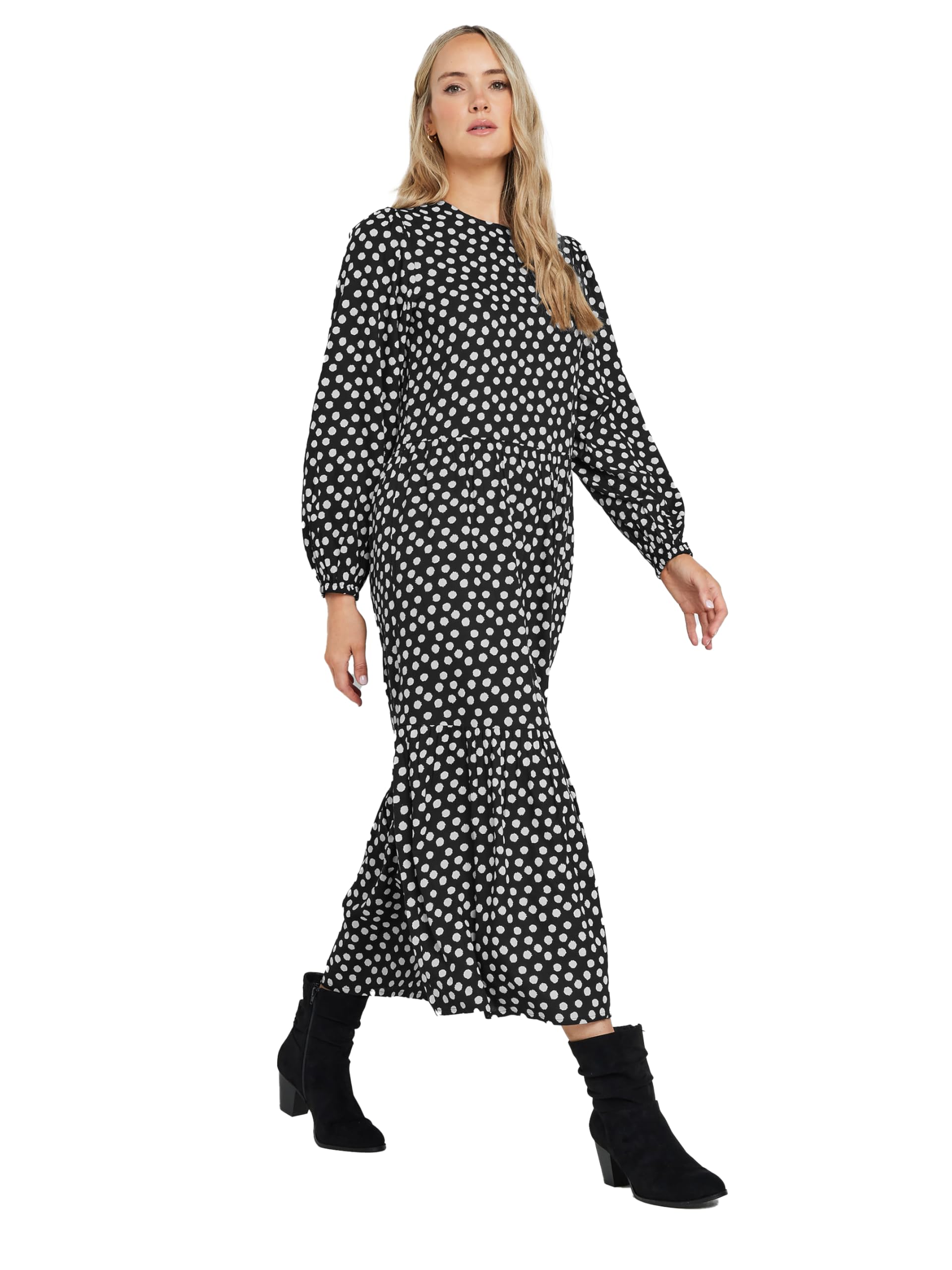 Long Tall Sally - LTS Tall Polka Dot Print Tiered Smock Dress - Women's Black