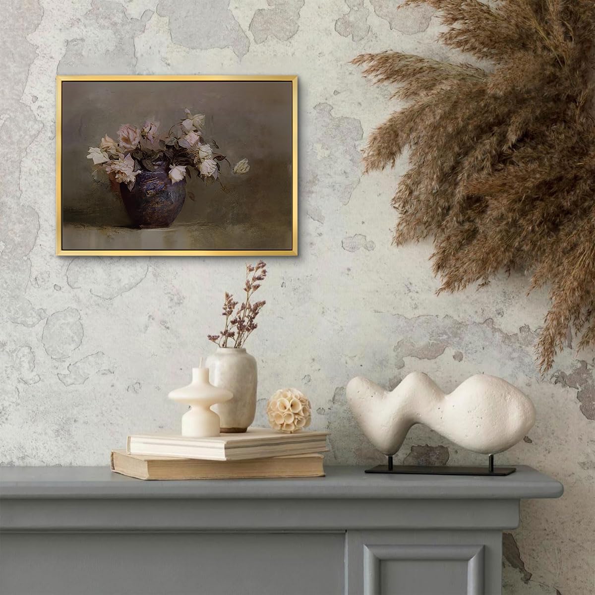 AIMAILON Vintage Gold Canvas Wall Art Framed Decor Classical Nature Theme for Living Room Office Home Decoration Pink Flower Botanical Aesthetic Picture Still Life Artwork Decor 12x16
