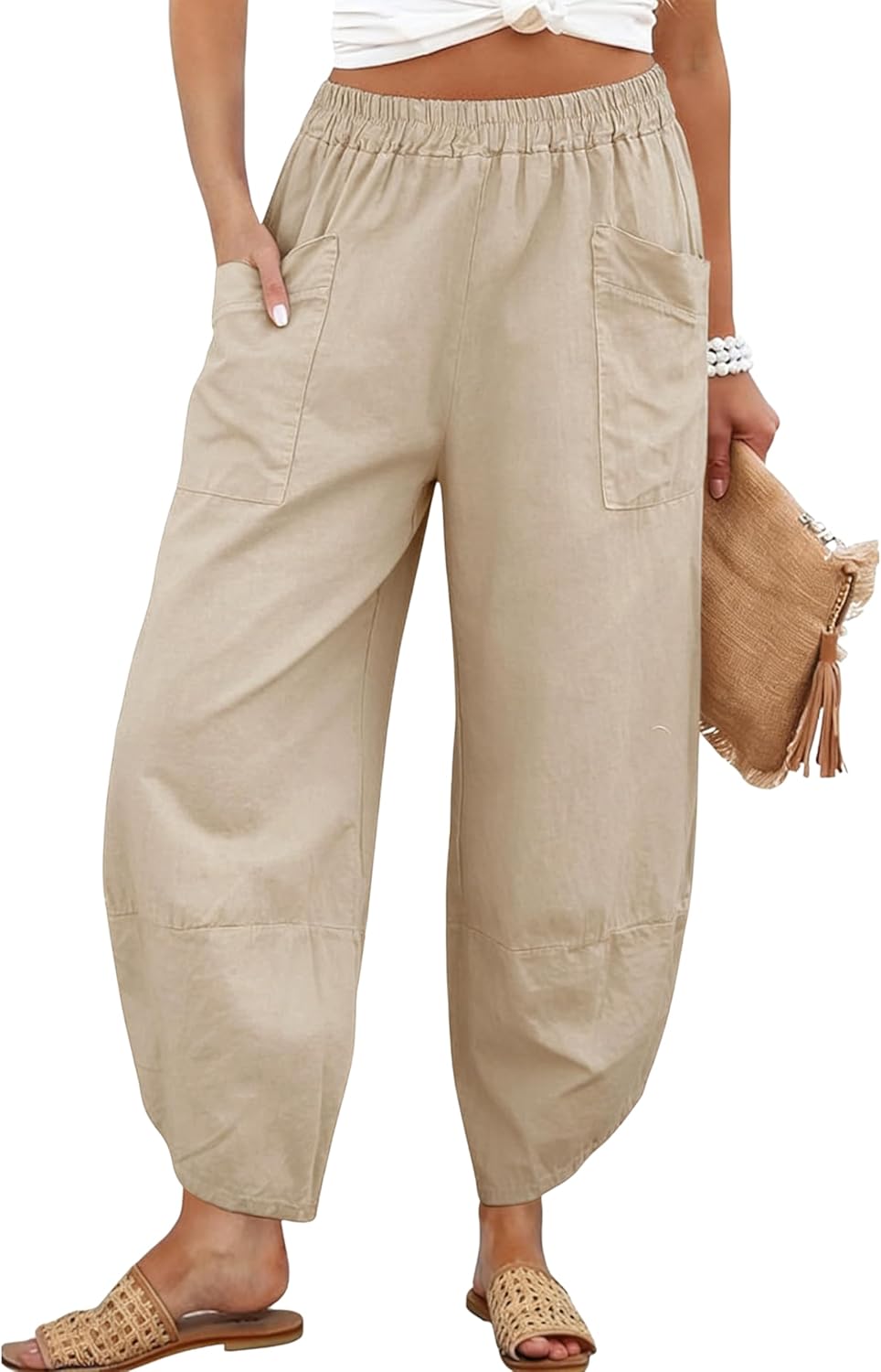 Tanming Womens Linen Harem Pants Elastic Waist Tapered Wide Leg Pants Loose Fit Oversized Baggy Capris Slack with Pockets