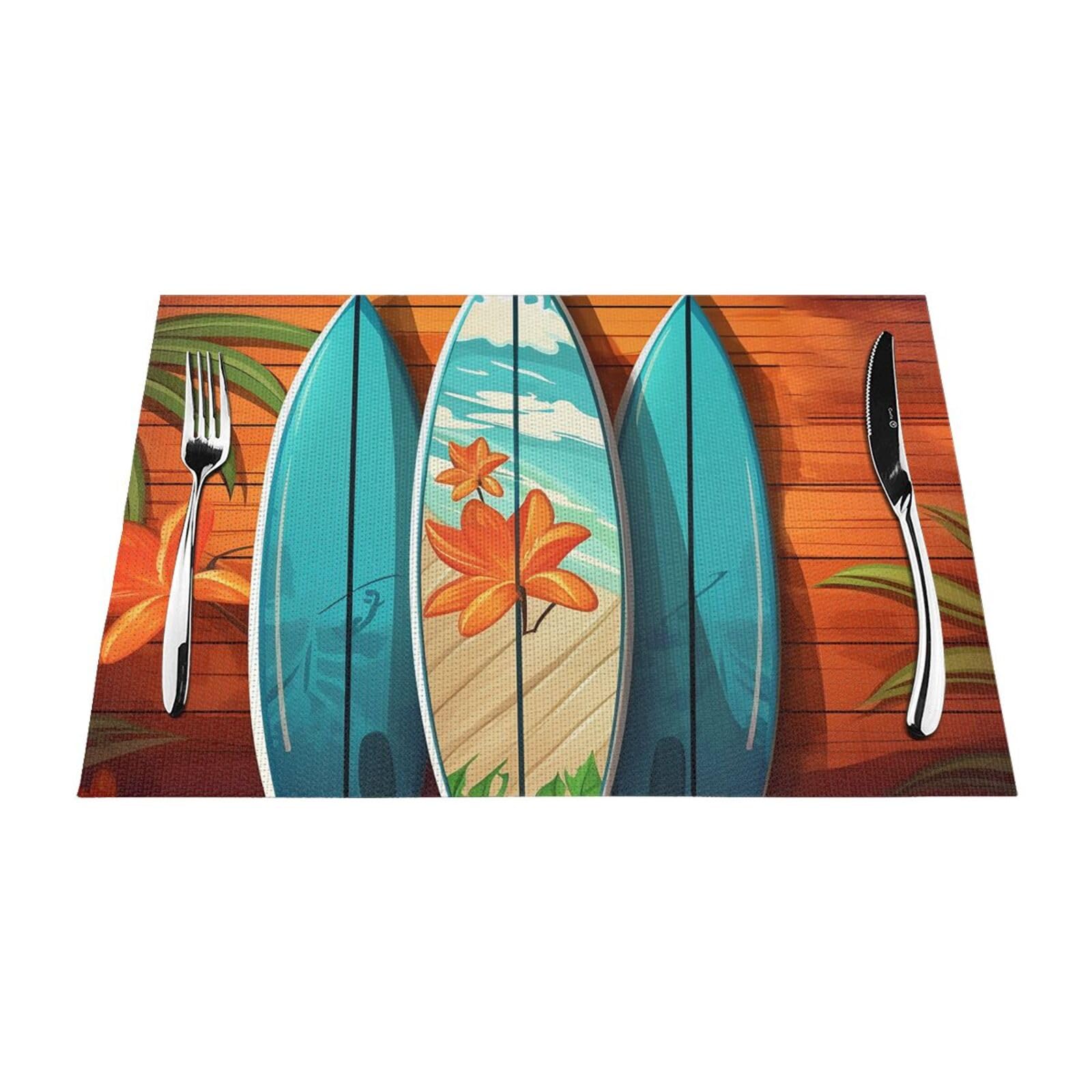 Surfboard on Wooden Placemats Set of 1 - Woven Vinyl Kitchen Table Placemats - Heat Resistant Non-Slip Place Mats for Dining Table, Washable Indoor Outdoor Table Mats 12x18 Inch