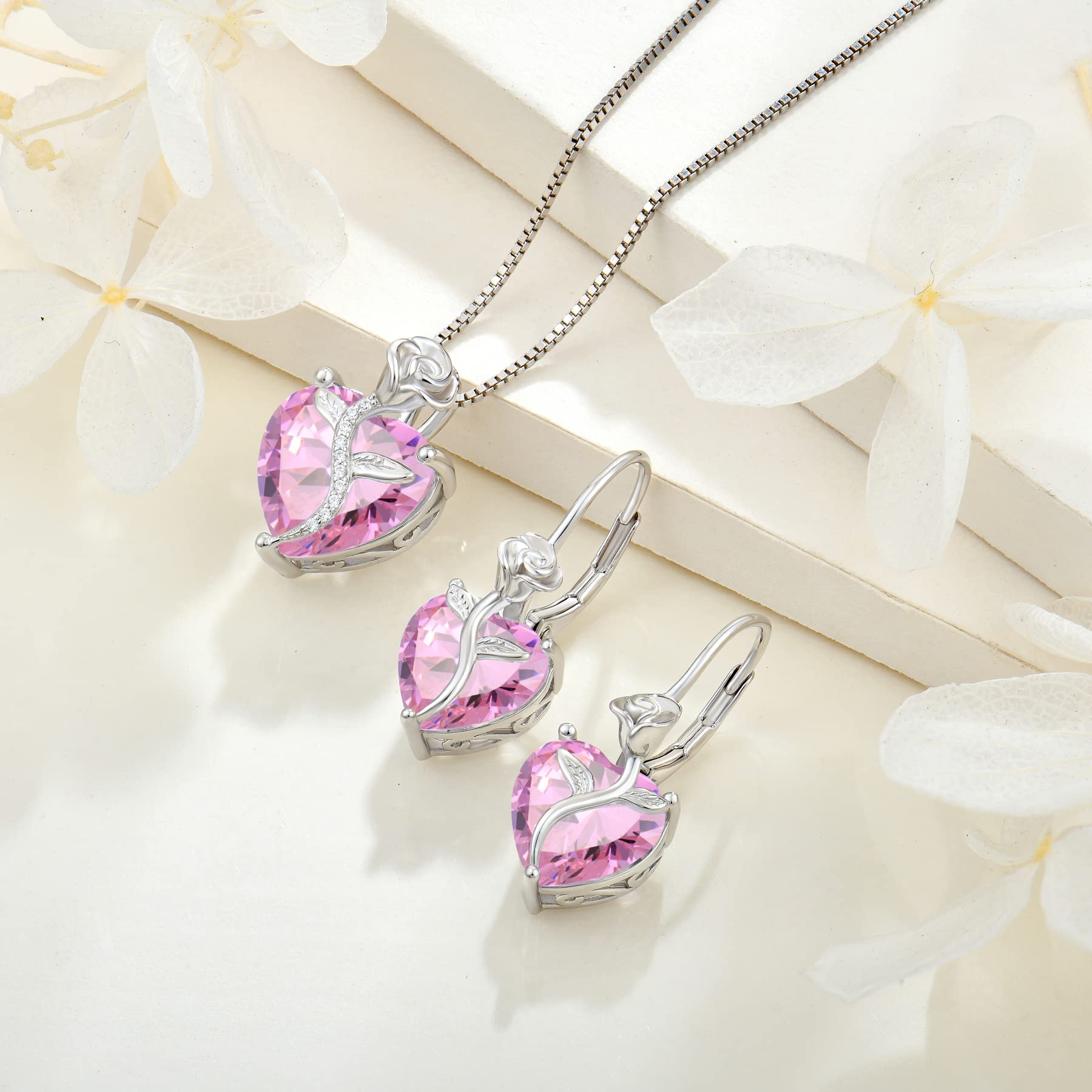 FJ Pendientes Corazón Colgantes Mujer Plata de Ley 925 Pendientes Piedra de Nacimiento Pendientes de Palanca Flor Rosa Joyas para Mujer Mamá Esposa Novia