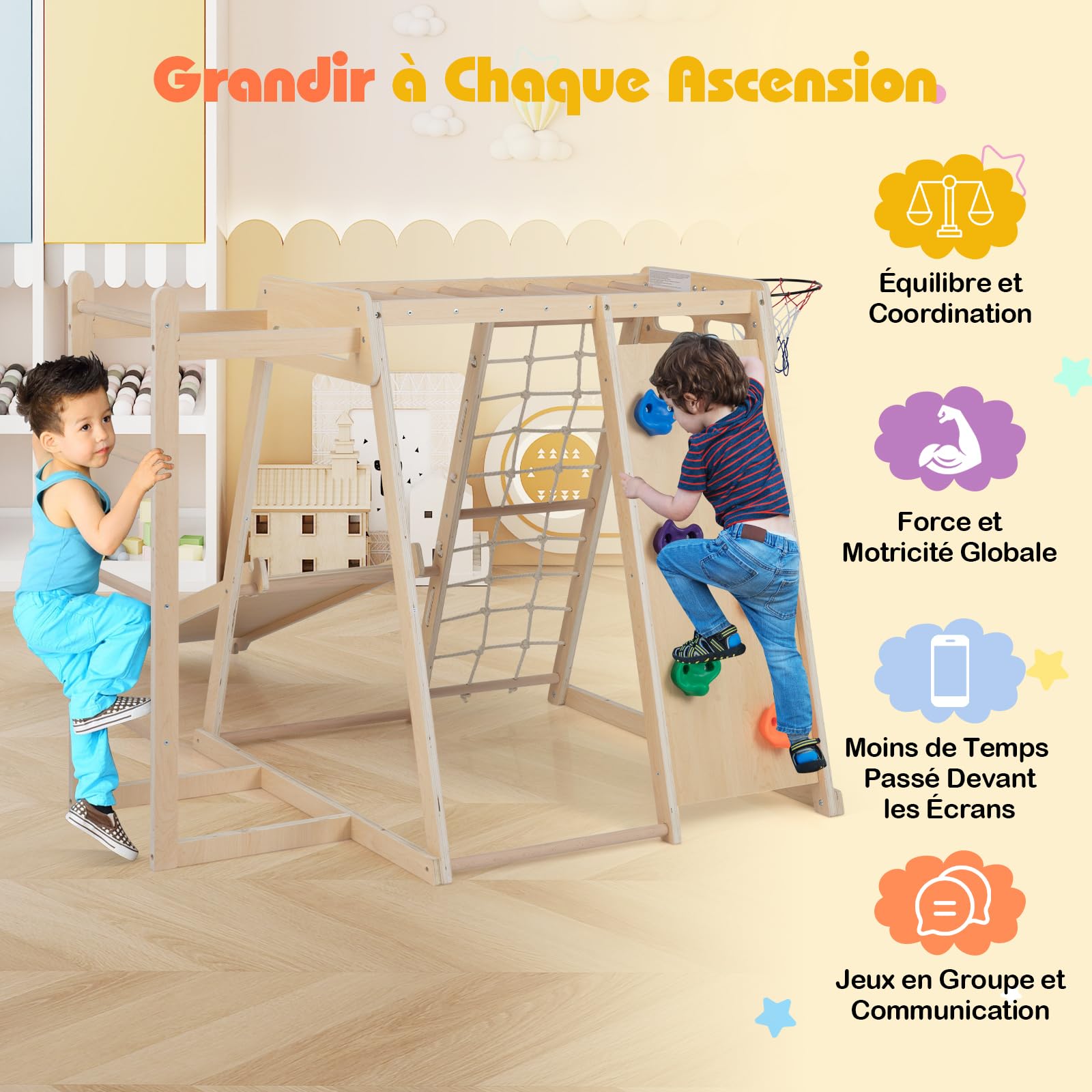 COSTWAY 6 en 1 Aire de Jeux d'escalade Intérieure en Bois avec Toboggan & Rampe, Triangle d'escalade Montessori Enfant avec Échelle & Panier & Barre de Singe, Charge 75kg pour 3-14 Ans