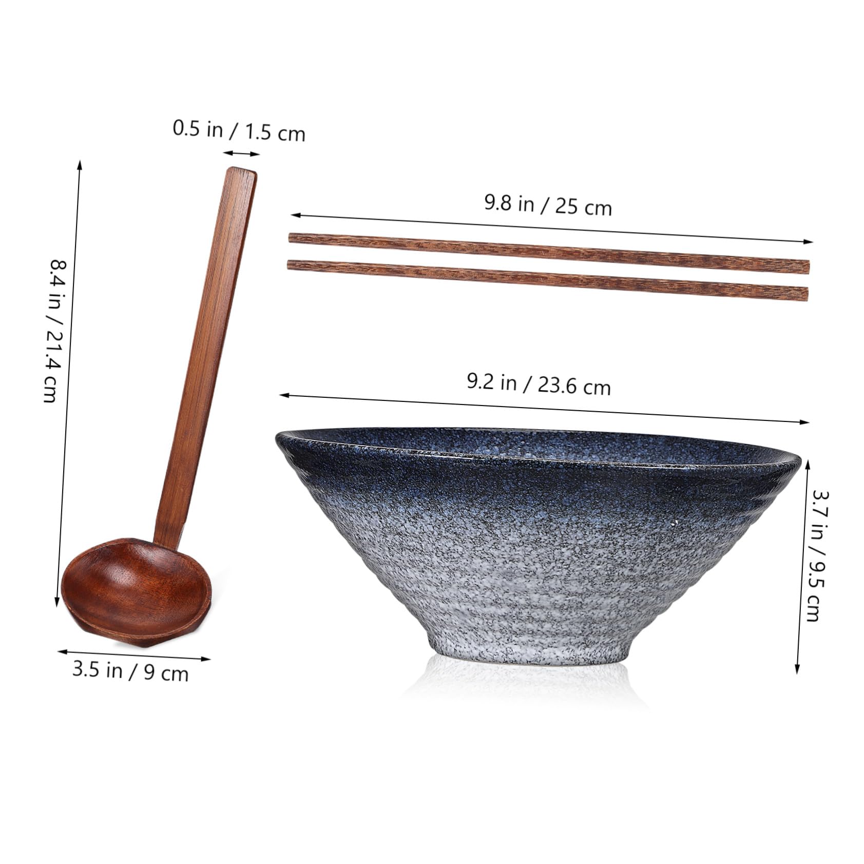 Baluue Bol de Ramen Japonerie 23 Cm en Céramique Bleue, Baguettes en Bois de Poulet, Cuillère en Bois Anti-fuite, Service 3 Pièces pour Repas Maison et Restaurant