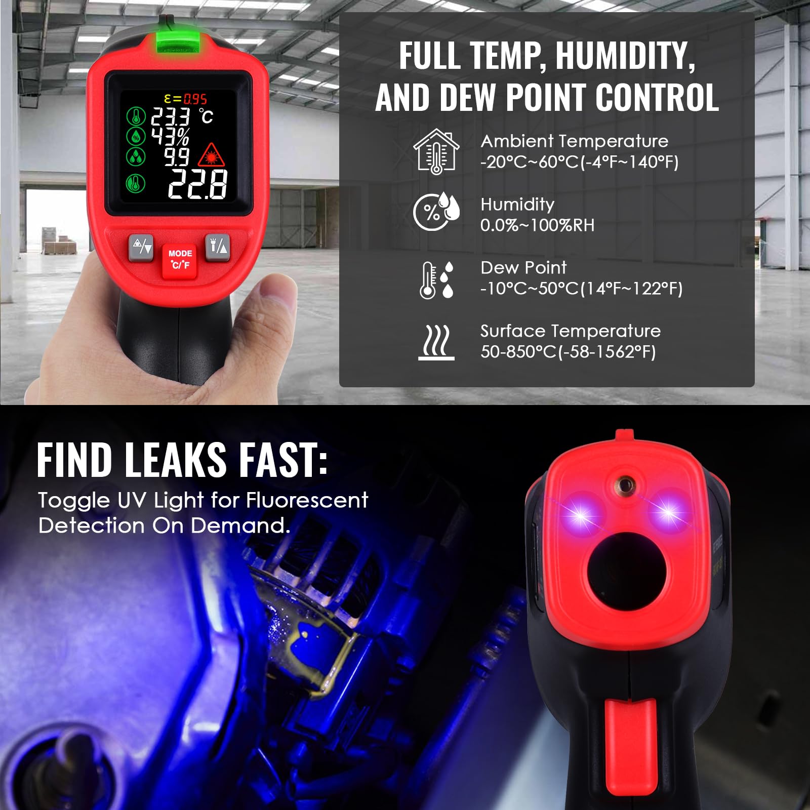Termometro a infrarossi con termocoppia tipo K, misurazione della temperatura a doppio laser ad alta precisione (da -50 °C a 850 °C) per cucinare, per carne, forni, riscaldamento, ventilazione e