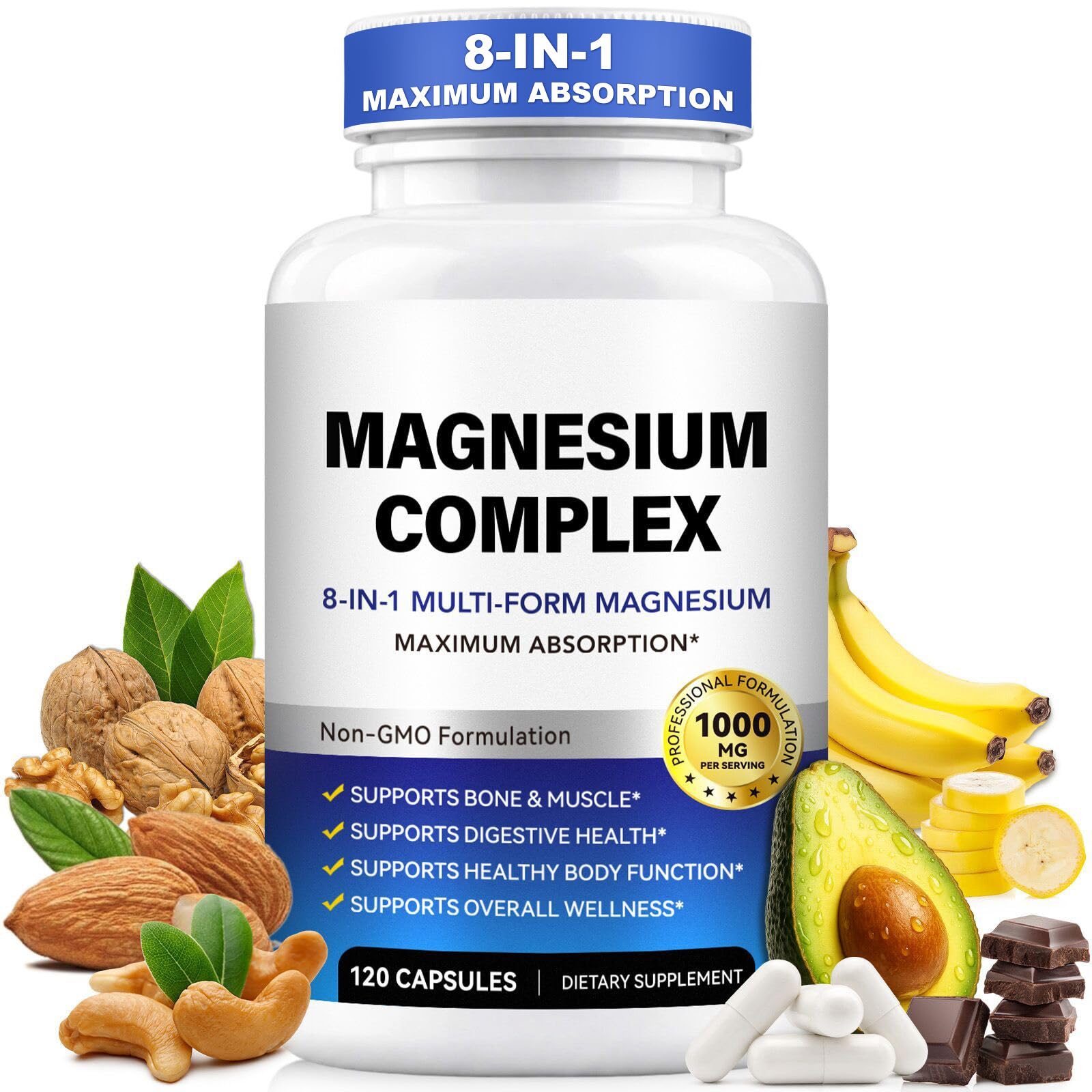 [BRSRYFQKOUBBG3LK] 8-in-1 Magnesium Complex 1000mg, Sleep & Muscle & Heart Support, 120 Ct