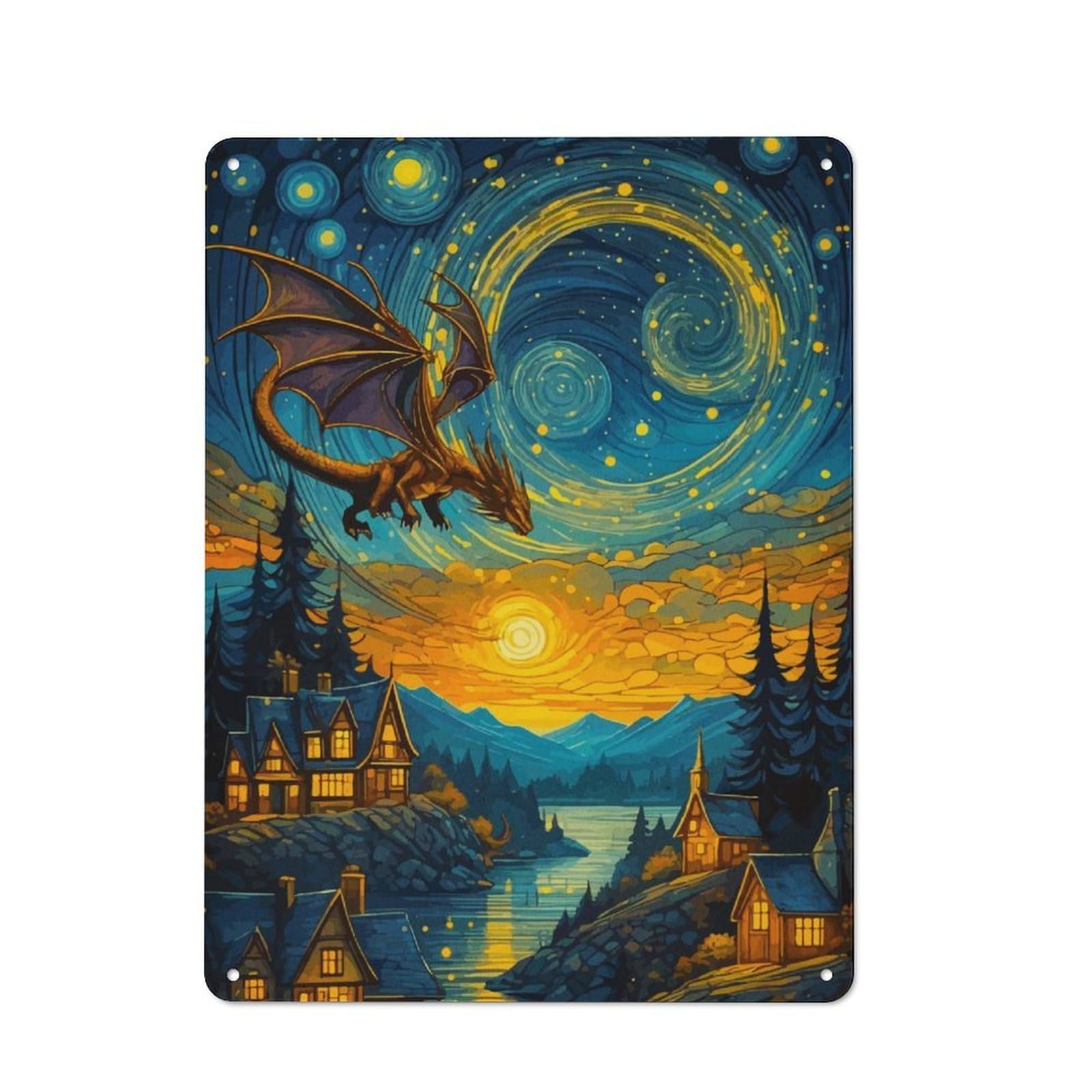 Junmoney Dragon In Starry Night Metal Wall Sign 40X30cm Featuring For Hallway Wall, Suited To Wall Display Collectors