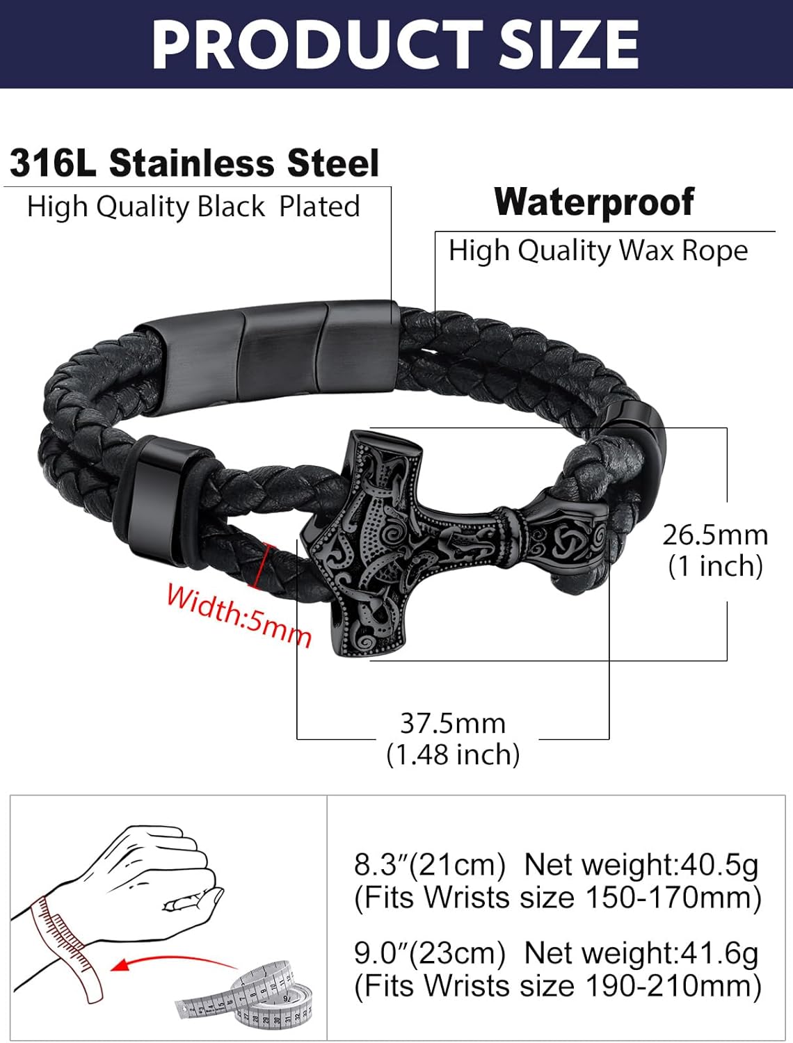 Bandmax Mens Cuff Bracelets Black Braided Wax Rope Wristband Punk Style Masonic/Viking Hammer Bracelet 7 Inch-9 Inch Gift for Husband Father Son - Image 6