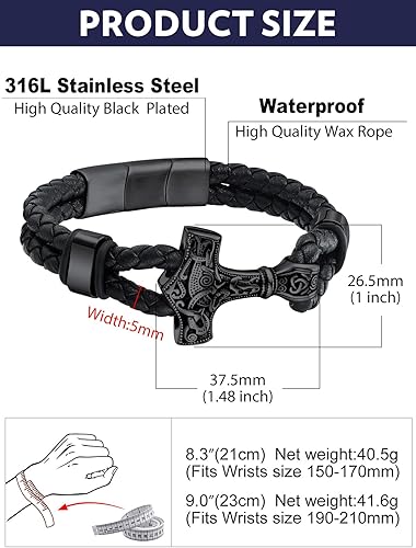 Miniatura 6 de Bandmax Pulsera trenzada de cuero negro para hombre con colgante martillo de Thor calavera abalorio masónico pulseras de cuerda de cera con hebilla