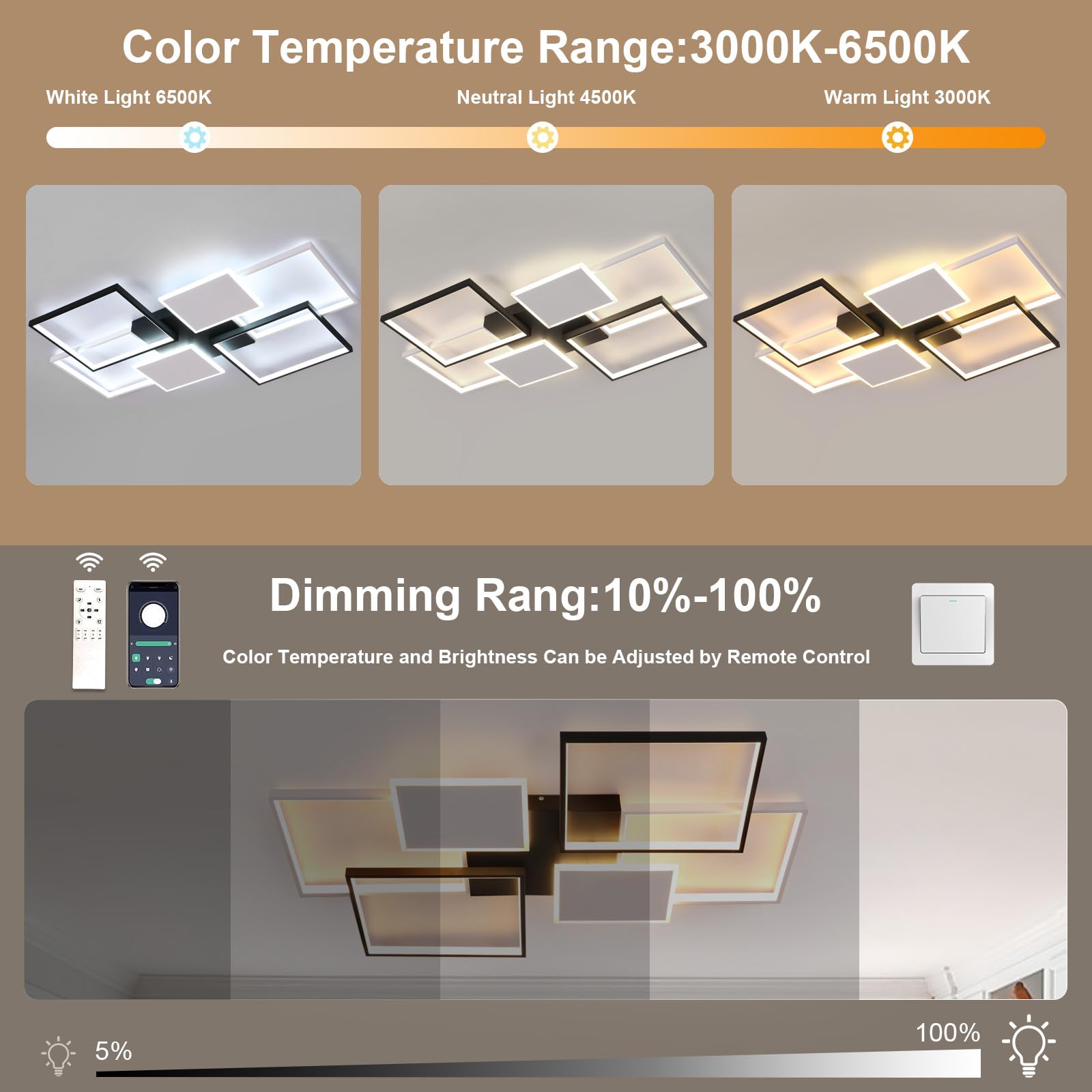 LED Deckenleuchte Dimmbar, 72W 8100LM Deckenlampe mit Fernbedienung 3000-6500K, Moderne Deckenbeleuchtung Quadratisch Design für Schlafzimmer Wohnzimmer Esszimmer (Weiß+Schwarz, 110CM)