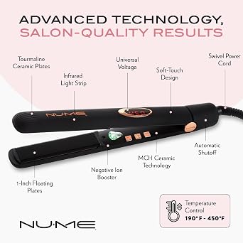 NuMe Megastar Hair Straightener Tourmaline Flat Iron1 Inch Floating Plates with Negative Ion Booster, Infrared Light Strip, Ideal for All Hair Types Ultra-Smooth and Shiny Results