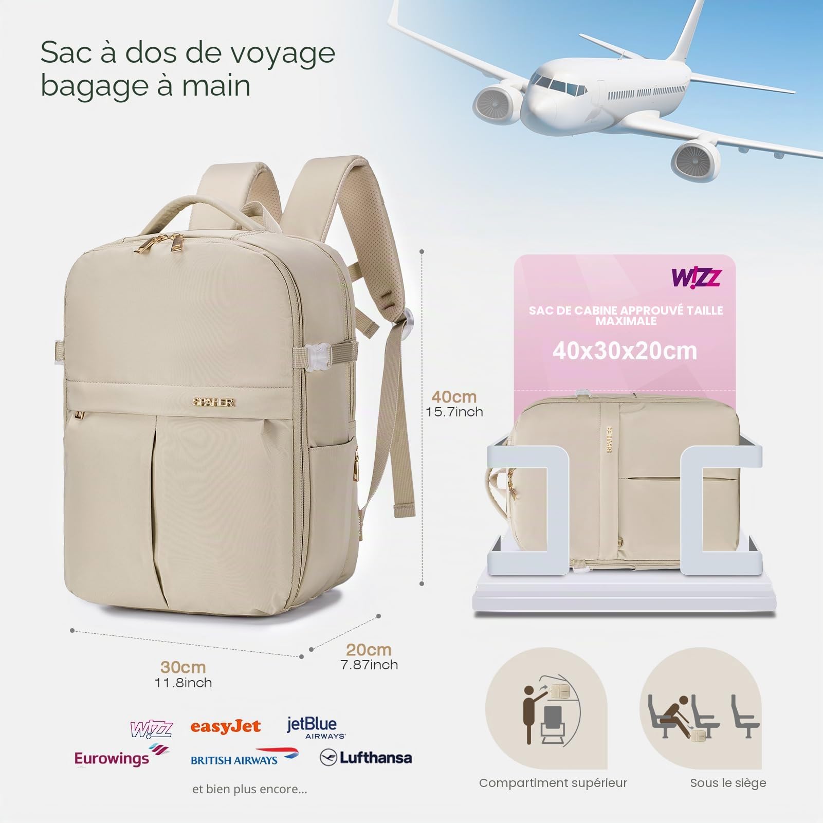 SPAHER 25L Sac à Dos Voyage Cabine Avion 40x30x20 Wizzair Vueling Bagage Cabine Sac à Dos Ordinateur Portable 15,6 Pouces Imperméable avec 2 Sac sous Vide Bagage à Main Homme Femme