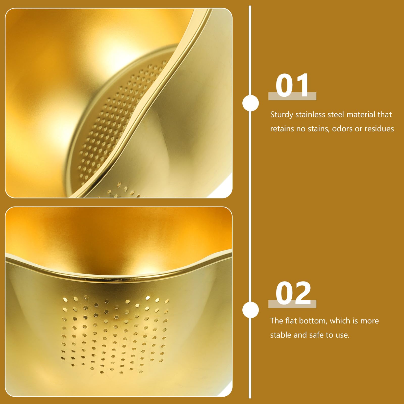 VALICLUD Colador de Cocina de Acero Inoxidable Dorado para Escurrir Verduras y Fideos, Cesta Estable para Almacenamiento y Lavado en Hogar