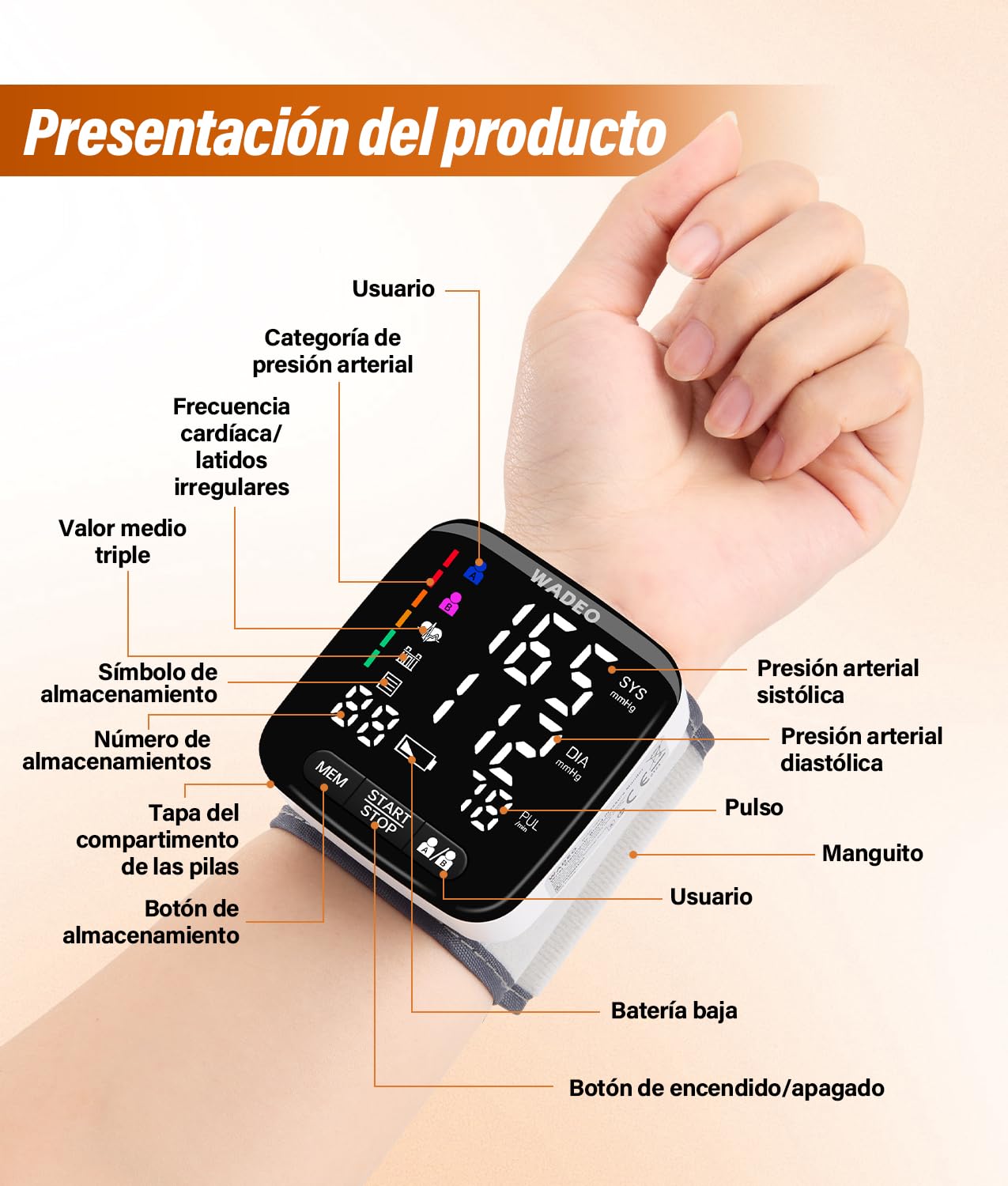 WADEO Tensiómetro digital de muñeca con pantalla LCD, tensiómetro portátil para el hogar o de viaje, medición precisa, 5 idiomas, memoria de 2 x 99, con batería
