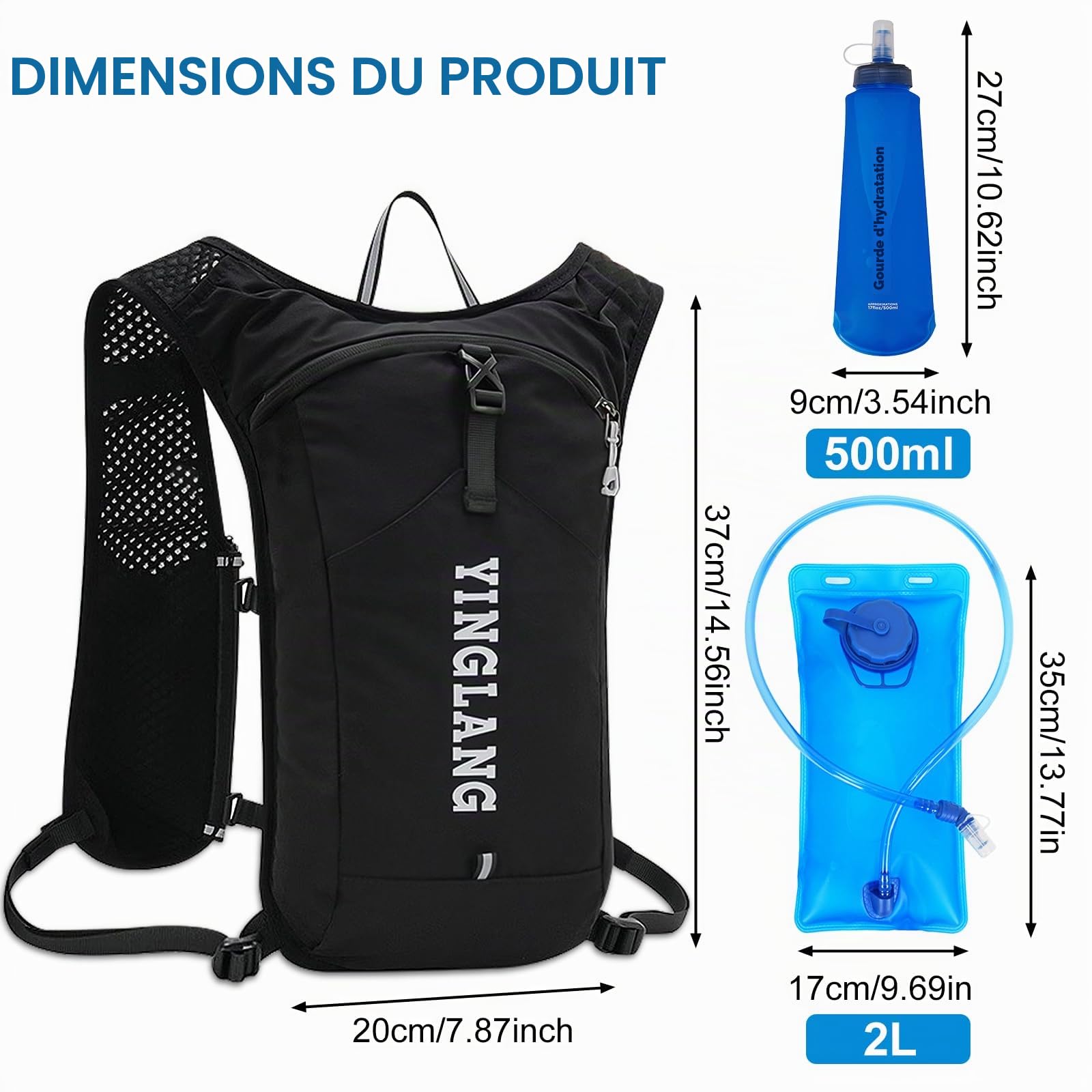 Gilet Hydratation Running Femme+2L Sacs D'Hydratation+500ML Pliant Gourde Running, Sac Hydratation Running TrèS LéGer Et IdéAl pour Le Trekking, La RandonnéE Ou Le VéLo !