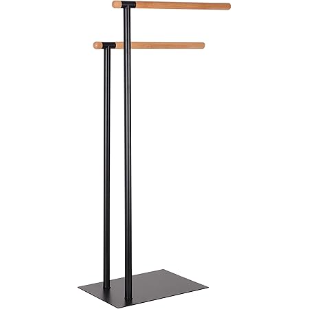 KOOK TIME – Toallero de pie con 2 Barras - Metal Lacado Negro Mate y bambú - 38,5 x 20 x 77 cm - para baños, duchas o dormitorios.