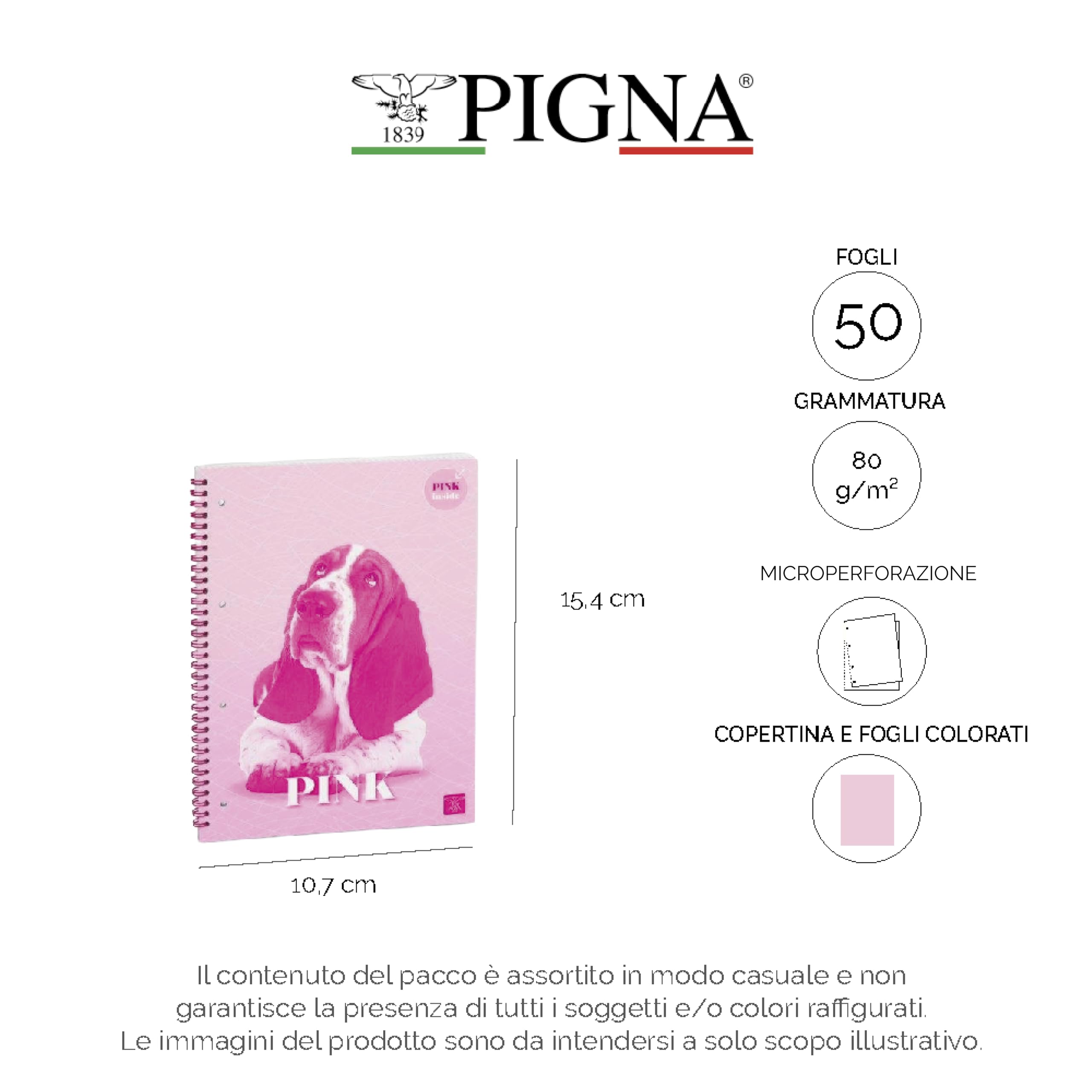 Pigna, Confezione 4 Quaderno Blocco Spiralato,carta colorata, COLOUR INSIDE, A6, 50 Fogli, interno 5M, quadretto 5mm