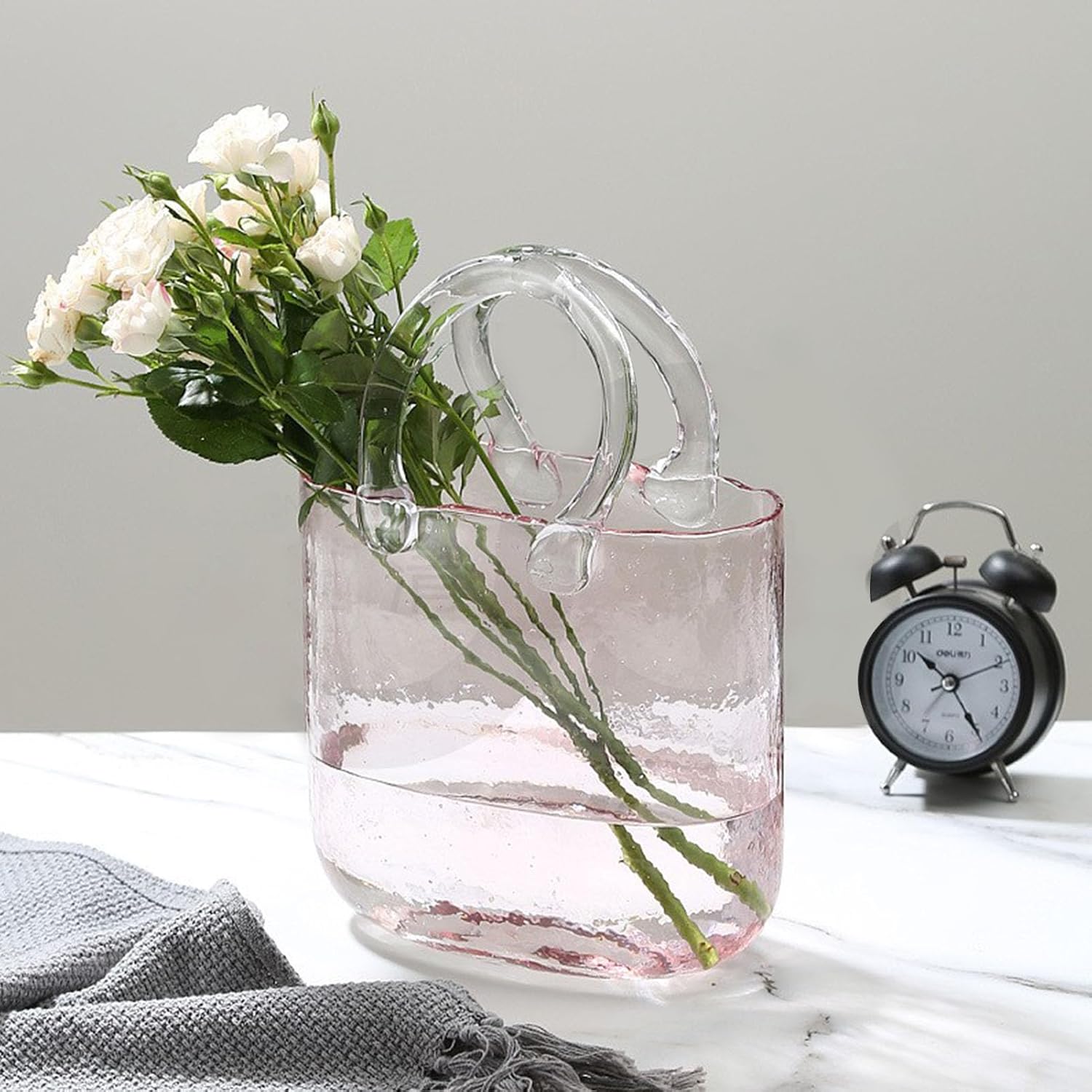 MINGZHE Glass Vases Fish Bowl, Glass Bag Vase, Flower Vase with Bubble for Home Wedding Decor, Unique Flower Vase with Handle and Bubbles for Home Garden Wedding Decor(Pink)