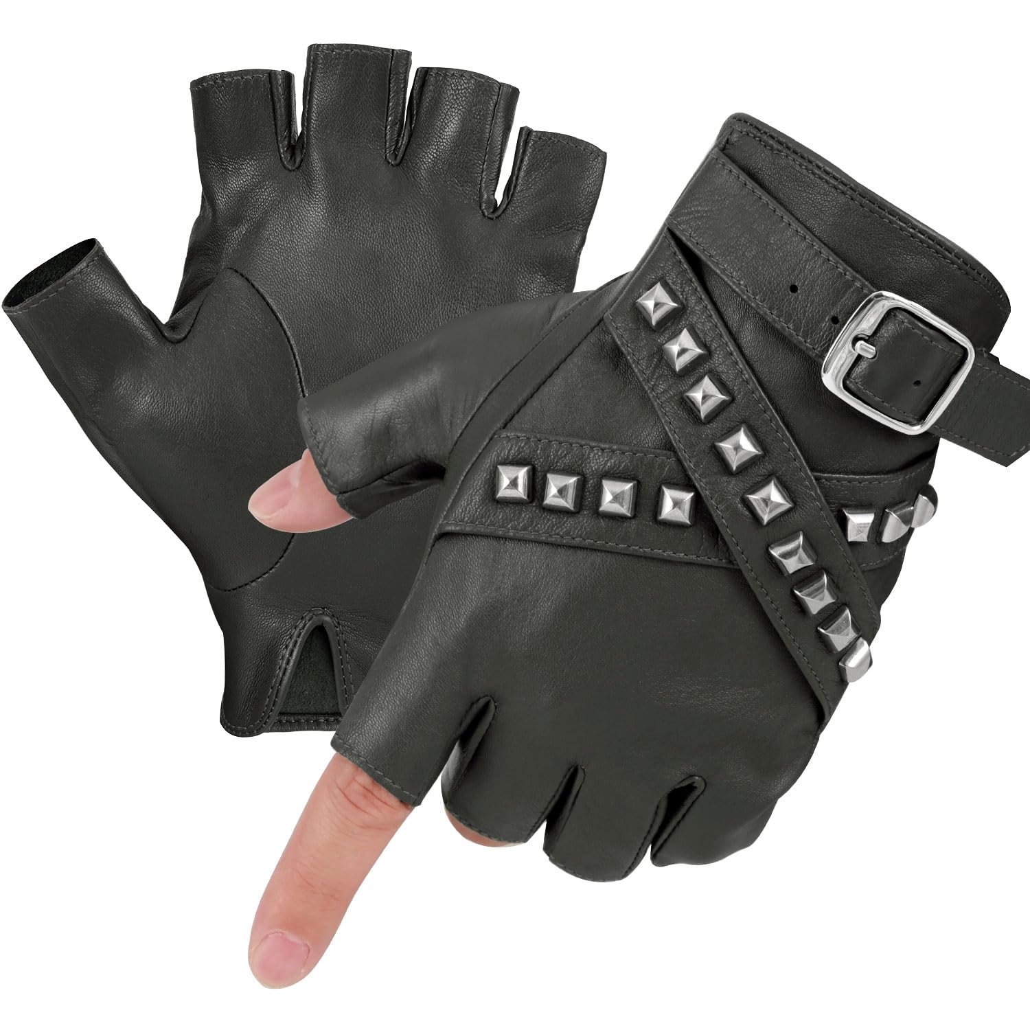 FIORETTO Mens Fingerless Leather Gloves Half Finger Punk Style Sheepskin for Driving Motorcycle M16519