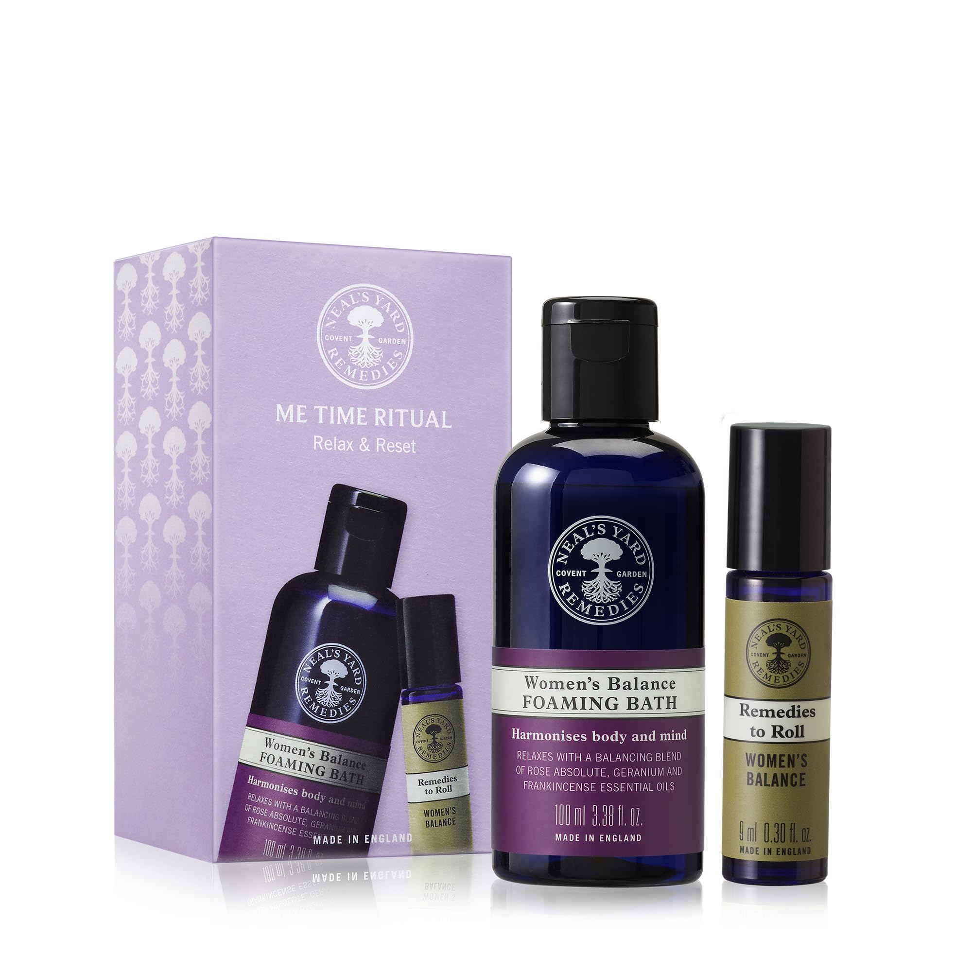 Neal's Yard Remedies Me Time Ritual Gift Set, Foaming Bath Wash & Remedies To Roll Women's Balance Oil, Vegan & Cruelty-Free, Set of 2