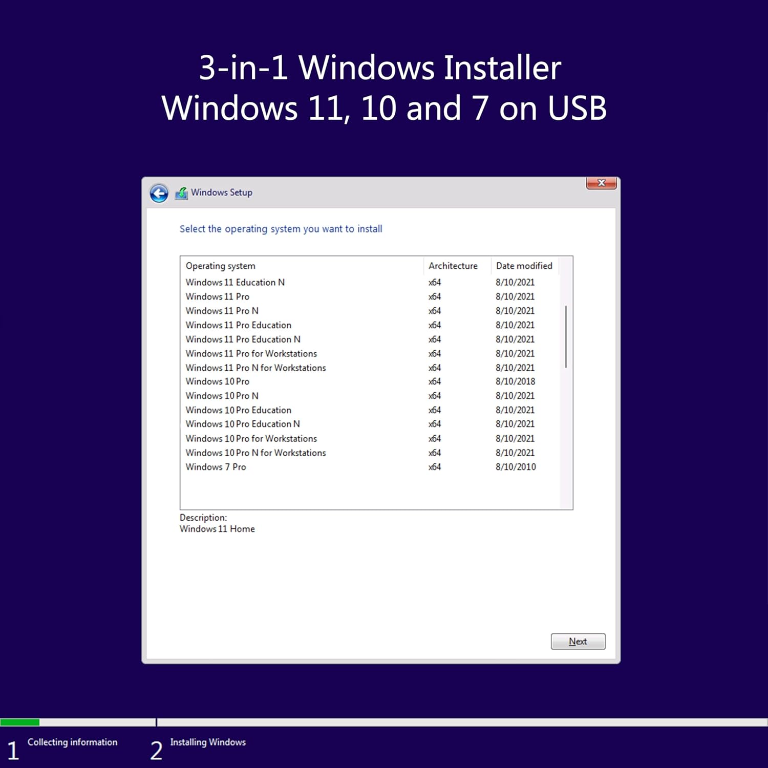 3-in1 Bootable USB Type C + A Installer for Windows 11 Pro, Windows 10 and Windows 7 Recover, Restore, Repair Boot Disc. Fix Desktop & Laptop/Blue Screen