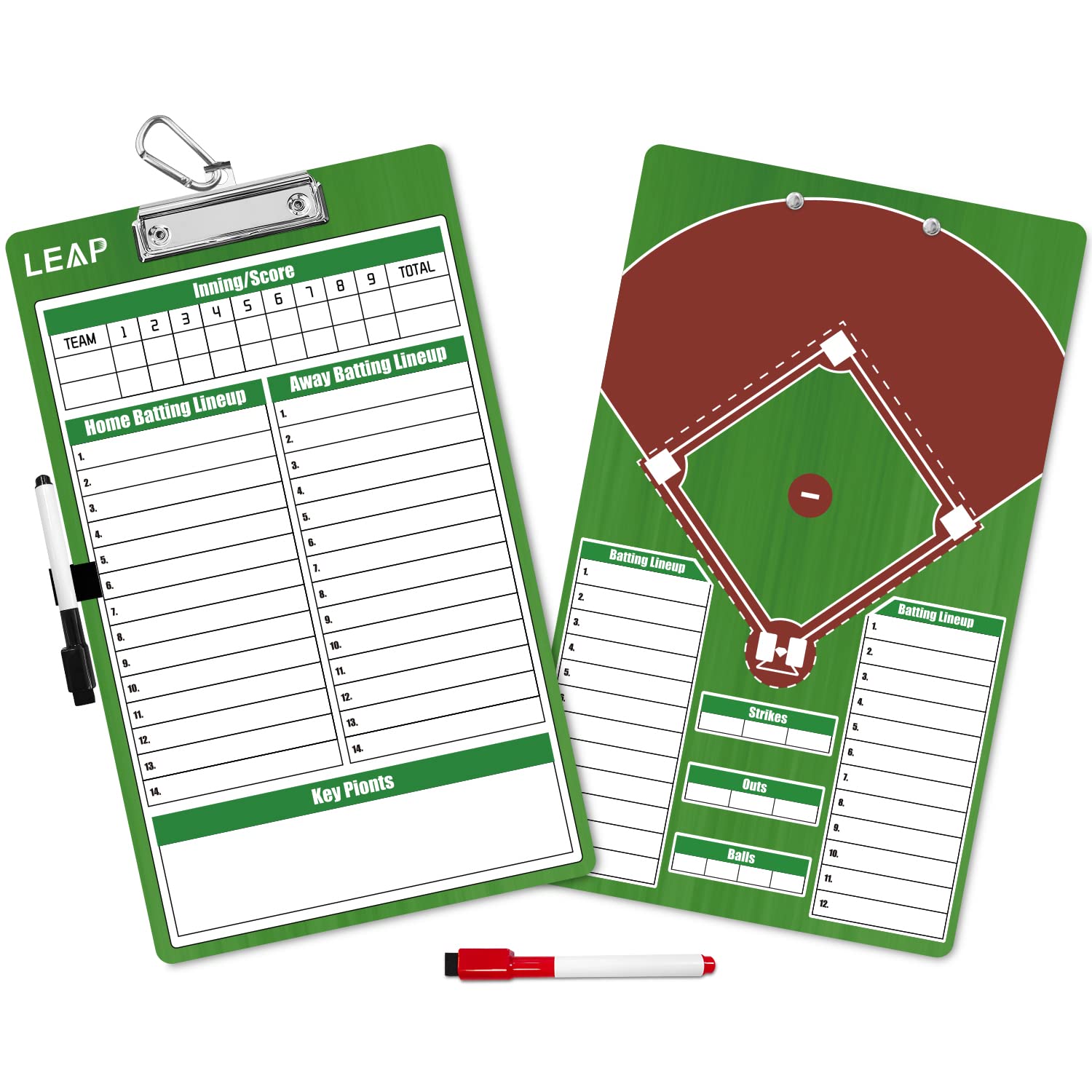 LEAP Coach Board Double Sided Design Premium Dry Erase Clipboard with Dry Erase Marker Pen and Pen Holder for Baseball, Basketball, Soccer, Football,