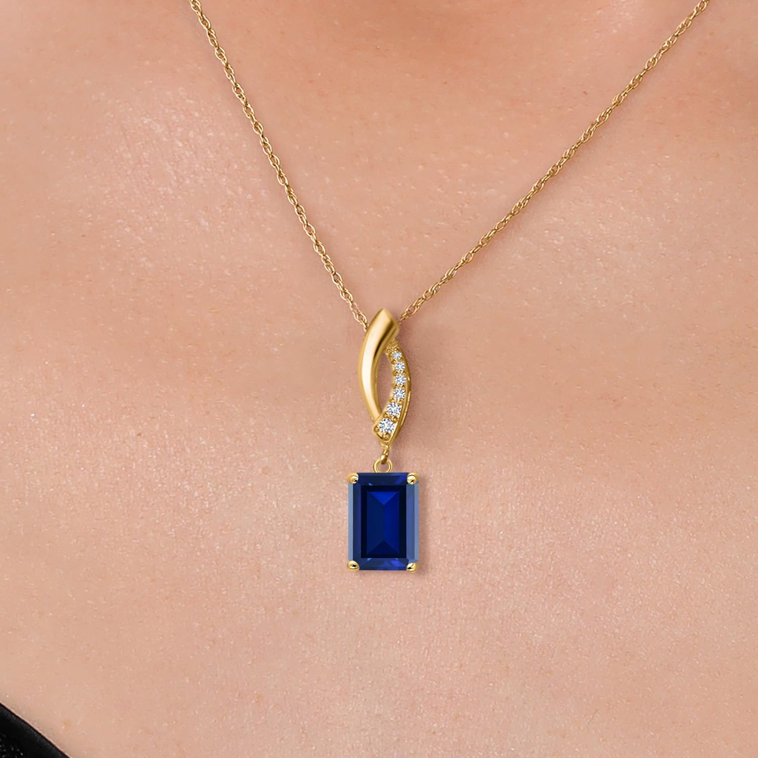 Gem Stone King 14K Yellow Gold Blue Customized and Personalized Emerald Cut 9X7MM Gemstone Birthstone and Lab Grown Diamond Pendant Necklace for Women With 18 Inch Chain - Image 3