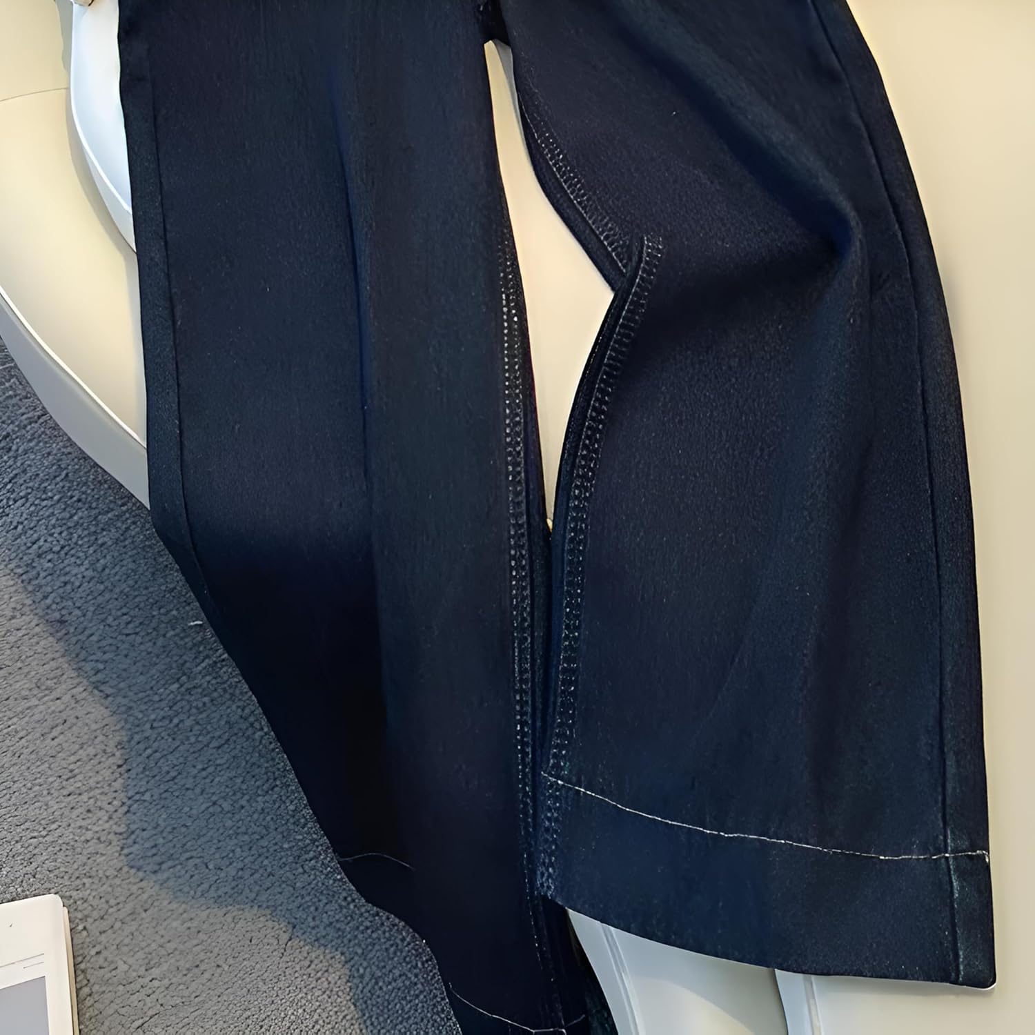 [Koutimule] 高腰ジーンズ 九分ワイドパンツ 女性用 冬季裏起毛デザイン 深ブルー ス効果 日常着に適 オールシーズン対応