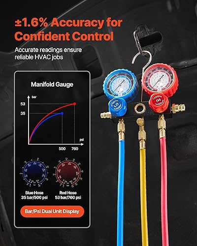 Miniatura 6 de VEVOR Juego de bomba de vacío y medidor de CA, 7 CFM 34 HP, bomba de vacío HVAC de paletas rotativas de dos etapas, kit de manómetro de colector de